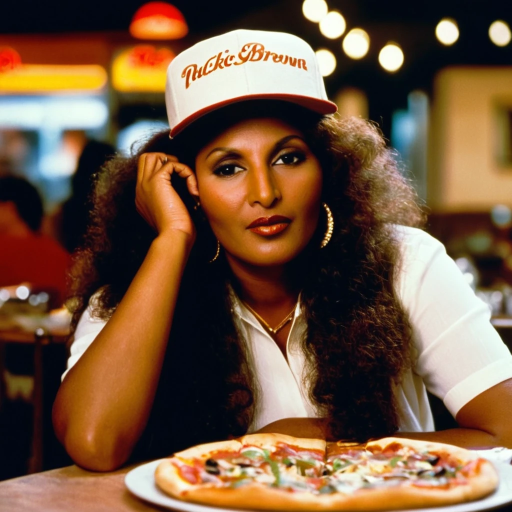 cinematic film still of <lora:detailed:0.4> detailed
<lora:perfection style:0.4> perfect
<lora:PerfectEyesXL:0.3>
 <lora:Jackie Brown 1997 film style:0.9>
Pam Grier Jackie Brown a woman sitting at a table with a pizza,1girl,long hair,brown hair,hat,brown eyes,jewelry,earrings,solo focus,blurry,lips,curly hair,hoop earrings,realistic,photo background,restaurant ,  Jackie Brown 1997 film style, shallow depth of field, vignette, highly detailed, high budget, bokeh, cinemascope, moody, epic, gorgeous, film grain, grainy