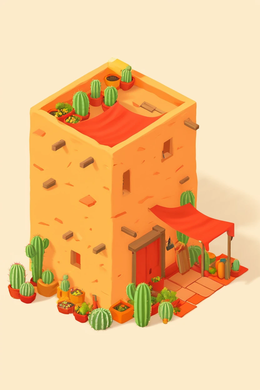 ((masterpiece, best quality)), high resolution, highly detailed,  realistic,  IsometricDesert, simple background, white background, no humans, tomato, orange theme, cactus, red cloth, yellow cloth, door  <lora:IsometricDesertXL:0.8>,