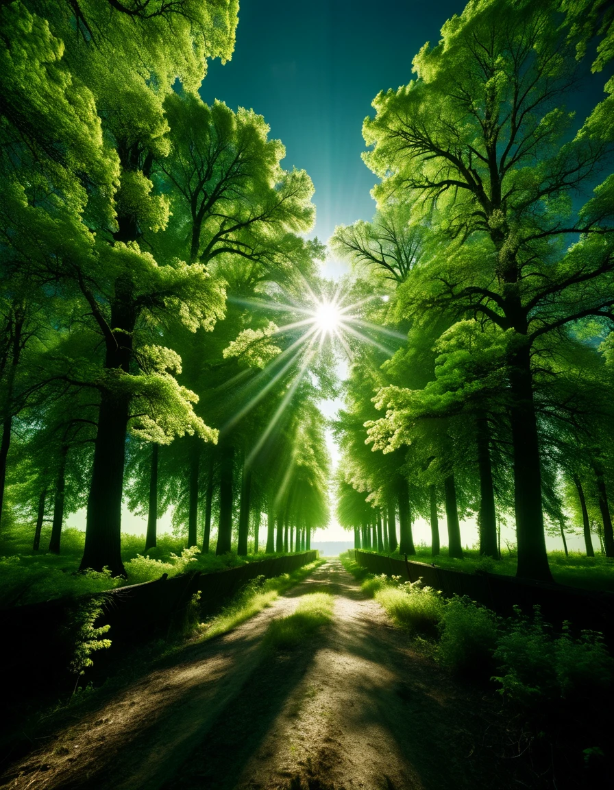 Lime green woods, Flat Cool ("Quarantine":1.2) , Sun in the sky, in focus, Classical Realism, cinematic lighting, 800mm lens, Velvia, cinestill, <lora:ral-dissolve-sdxl:0.9> ral-dissolve, dynamic, very coherent, complimentary colors, vivid colors, ambient, magnificent
