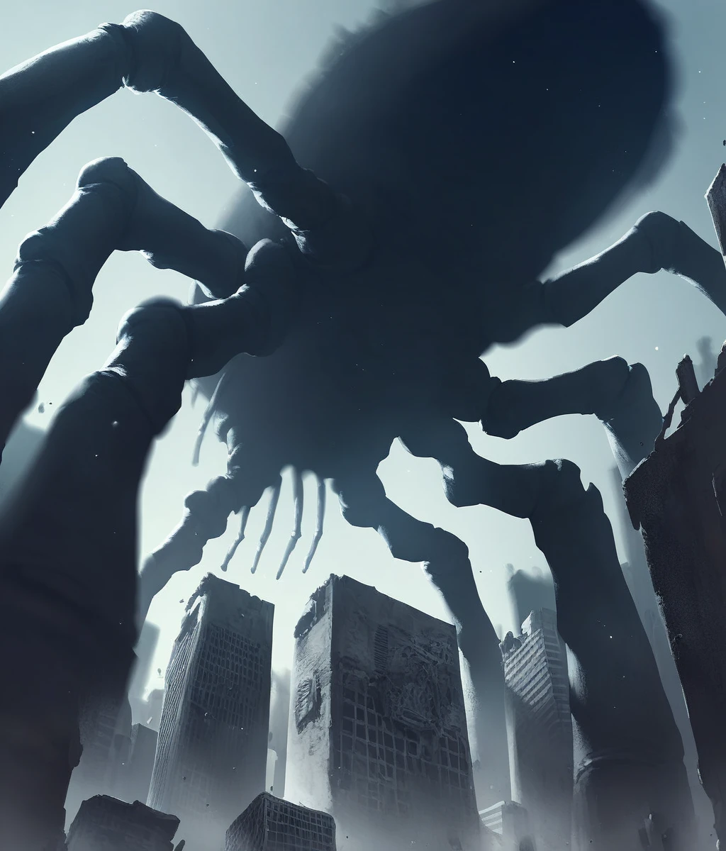 Score_9,score_8_up,score_7_up,arthropod limbs,all fours,solo,no humans,colossal titan,size difference,foge,ha_ze,motion blur,blurry,city,ruins,(from below),night,dark,dreepy,<lora:Horror_The_Mist:0.8>,