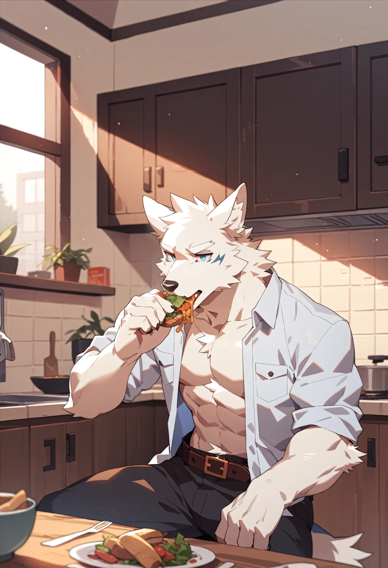 canid, canids, wolf, by zixiong,
solo, anthro, male, (white fur, white body, white eyebrows),
clothed, open topwear, open shirt, white shirt, belt, pants,
blue eyes, humanoid hands, food, eating,
inside, kitchen, window, sunlight, plants,
detailed background, masterpiece, best quality,