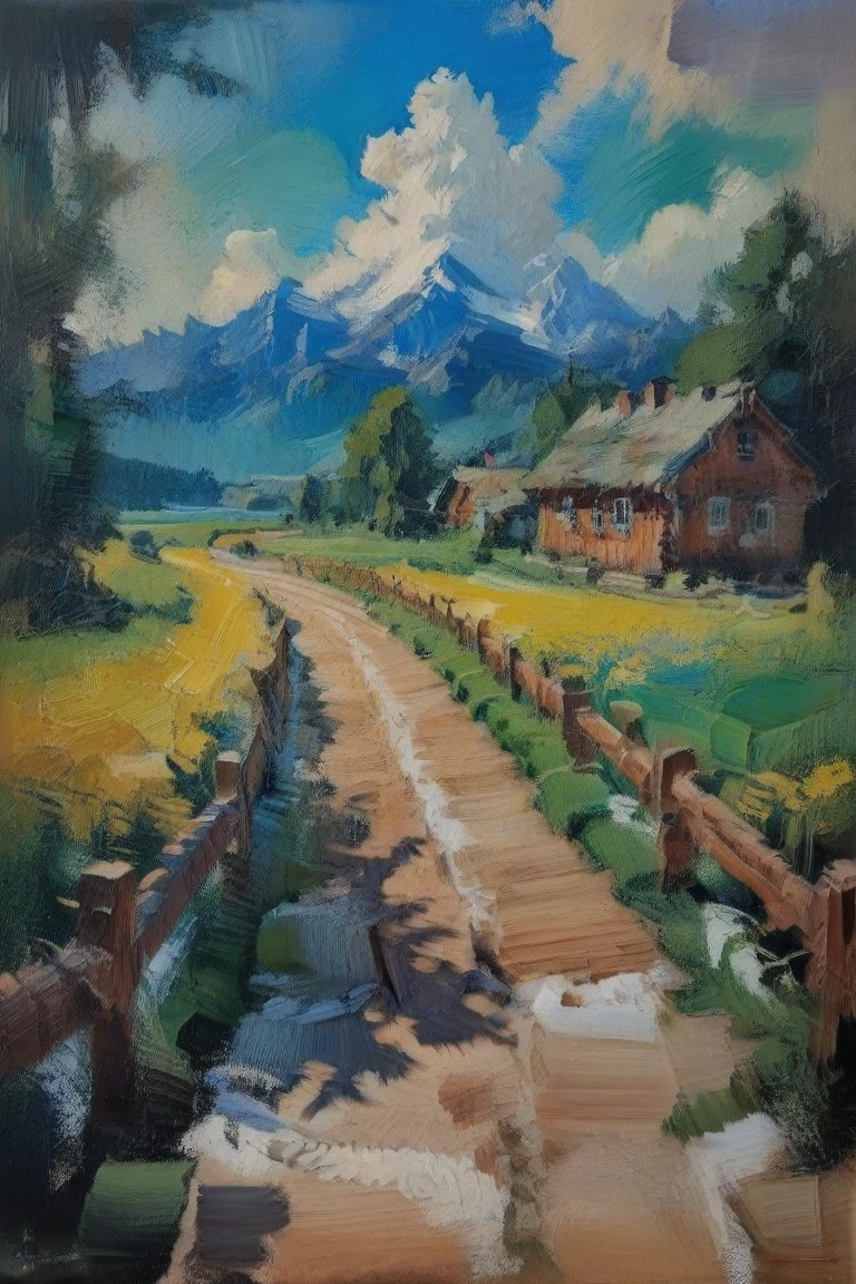 oil_painting, oil-painting-style, The image depicts a peaceful rural scene, There's a wooden house on the right side, surrounded by lush green fields dotted with yellow flowers, A wooden fence runs along the field, and a pathway leads to the house, In the background, there are clouds in the sky and a mountain in the distance, The art style appears to be impressionist, characterized by soft brushstrokes and a focus on the interplay of light and shadow,