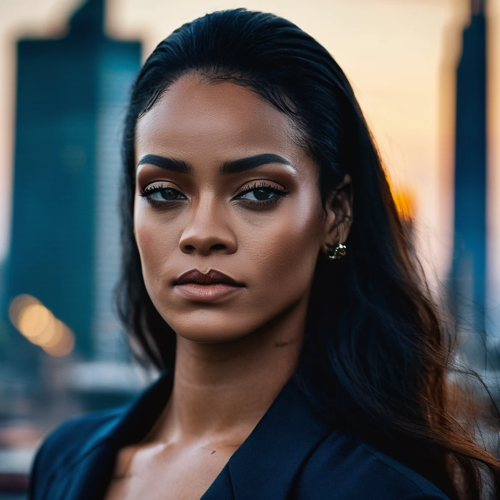 (Skin Texture, pores, natural,iPhone,RAW)), natural lighting, Highest Quality closeup Portrait photo of a woman with an aura of dominance and confidence, Nikon Z9, realistic matte skin,  blurry city in the background, 8K, whole face, rixhnna,   <lora:rihanna_juggerX_xl_1_st_wocap-rixhnna-000085:1>