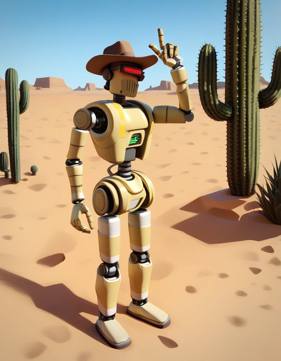 score_9, score_8_up, score_7_up, score_6_up, Rob64, robot, desert, cactus, sand, cowboy hat, <lora:ROB_64:0.9>