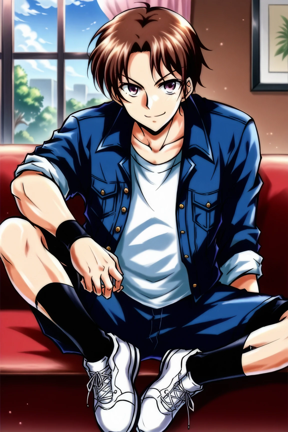 (source_anime, score_9, score_8_up, score_7_up:1), 1guy, male, sitting on couch, spread legs, solo male,happy face ,SieKensou, 1guy, blue jacket, white t-shirt, shorts, black socks, sneakers, bracelets, looking at you<lora:EMS-335817-EMS:0.700000>, <lora:EMS-366118-EMS:1.000000>