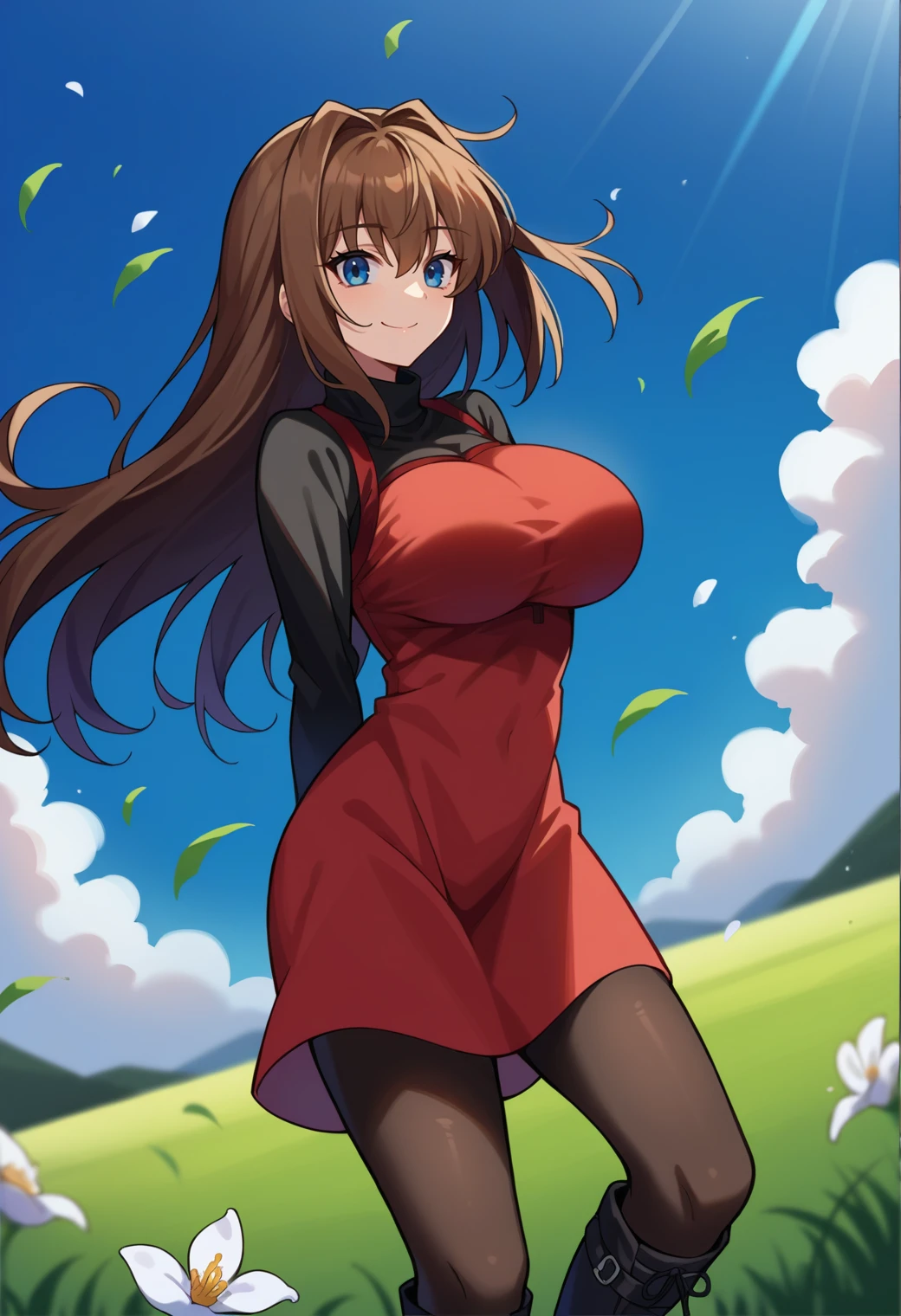 score_9, score_8_up, source_anime BREAK solo, 1girl, looking at viewer, cowboy shot,
<lora:AozakiPdxlDwnsty-000008:1>, aozakidef, blue eyes, brown hair, long hair, hair intakes, red dress, turtleneck, black pantyhose, long sleeves, black sweater, knee boots, black footwear,
curvy, large breasts, smile, happy, from behind back,
outdoors, grass, wind, sunlight, blue sky, dutch angle, flower field,