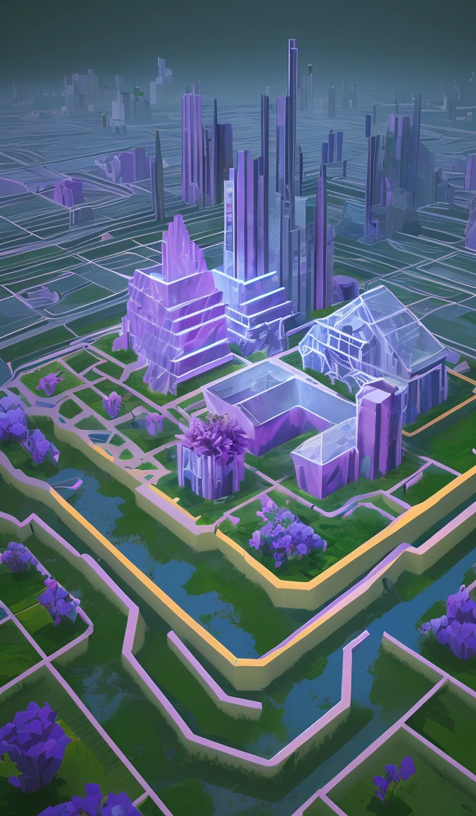 dskise, (isometric) , (flower), (vaporwave), isometric cutaway of a crystalized dilapidated city, cityscape, volumetric lighting ,FXAA, Chromatic Aberration, Concept Art, 8k Concept Art, Greg Rutowski, (unreal engine), octane render, dskise