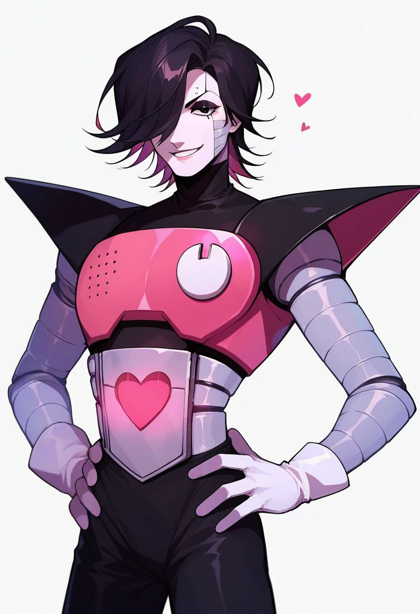 score_9, score_8_up, score_7_up, source_anime, solo, 1boy, sexy boy, Mettaton, robot boy, black hair, hair covering left eye, black eyes, makeup, white skin, pink chest piece, black shoulder pads, white gloves, heart on waist, black tights, black eyeshadow, smirk, half body, standing, hands on hips, looking at viewer, standing, white background