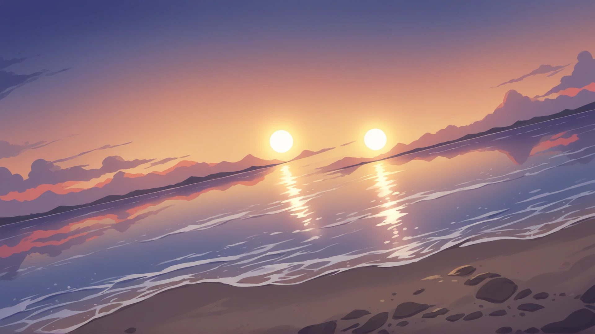 score_9, score_8_up, score_7_up, score_6_up, source_anime, Masterpiece, best quality, outdoors, beach, sunset, reflection, multicolored sky, pink sky, purple sky, orange sky, gradient sky, gradient water, light blue water, dark blue water, sand, sun, lens flare, dutch angle, no people, scenery,