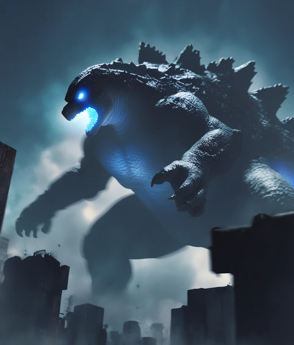 Score_9,score_8_up,score_7_up,score_6_up,score_5_up,score_4_up,(godzilla),furry,sharp_teeth,open mouth,blue eyes,glowing_eye,blue scales,(light jets out of the mouth),blue mouth,glowing body,angry,grey skin,claws,kogetail,solo,no humans,colossal titan,foge,ha_ze,motion blur,blurry,tokyo \(city\),ruins,from below,night,dark,dreepy,<lora:Horror_The_Mist:0.8>,