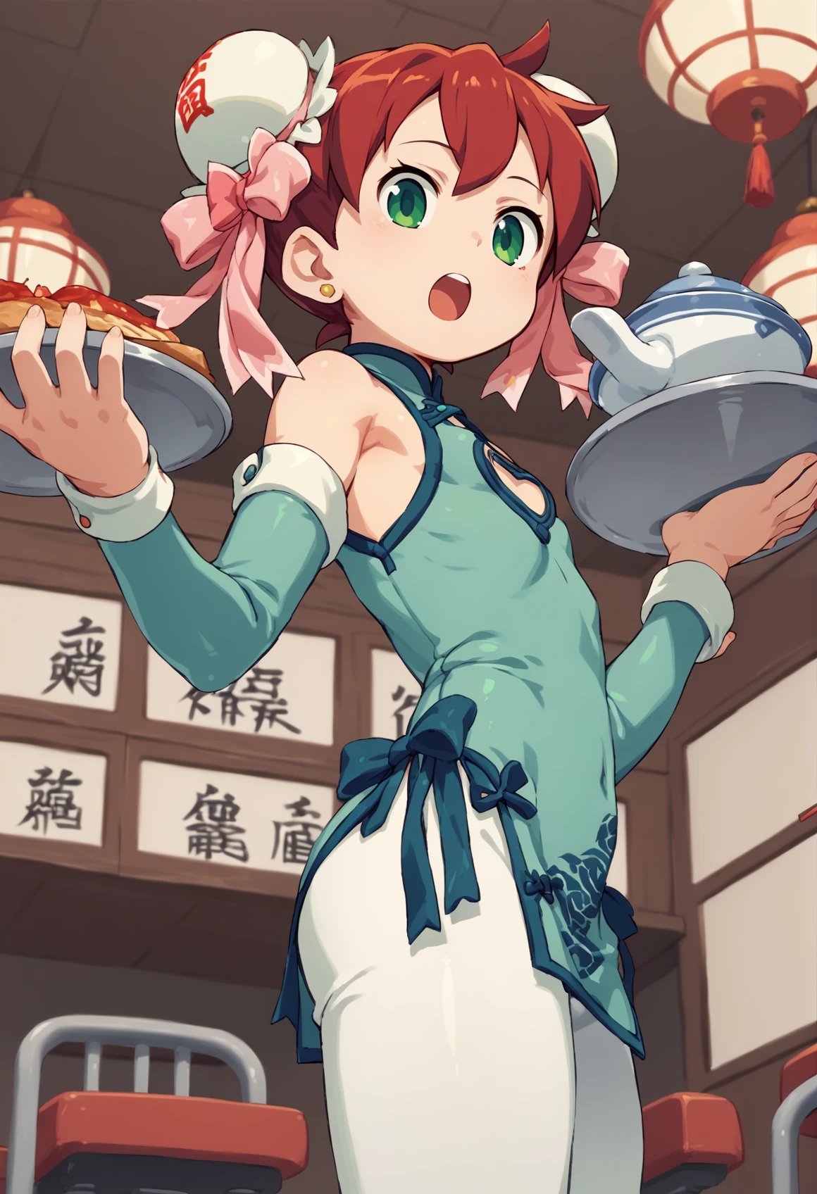 1girl, red hair, hair bun, green eyes, bun cover, chinese clothes, clothing cutout, ribbon, detached sleeves, white pants, indoors, chinese restaurant, holding tray, baozi, from side, from below, looking at viewer, :o, open mouth <lora:Sayaka_Ape_Scape:1>, score_9, score_8_up, score_7_up, score_6_up, score_5_up, score_4_up, BREAK source_anime, masterpiece
