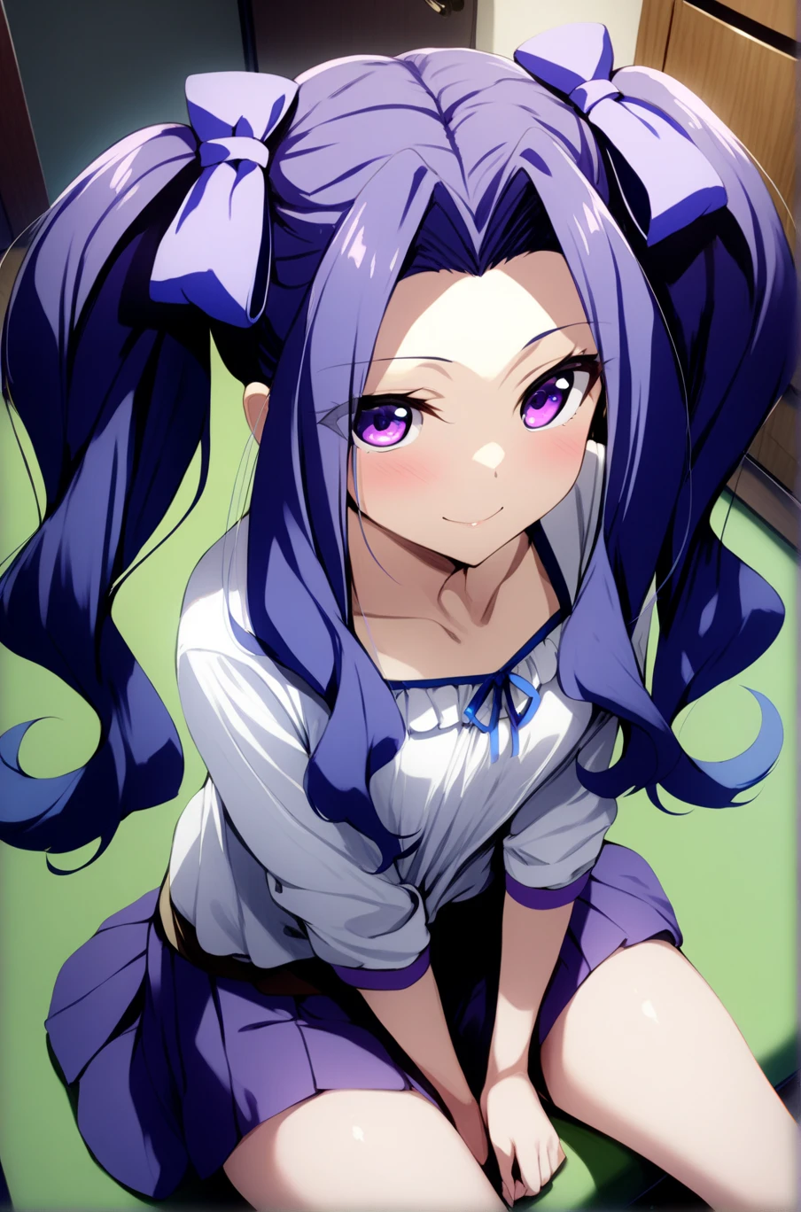 1girl, meltyqmelromarc, solo, twintails, 1girl, smile, long hair, bow, blush, purple eyes, looking at viewer, hair bow, casual, 
looking at viewer, light smile, sitting, 
indoors, 
masterpiece, best quality, very aesthetic, by nakabayashi_zun, 
<lora:MeltyQMelromarc_XL:1>