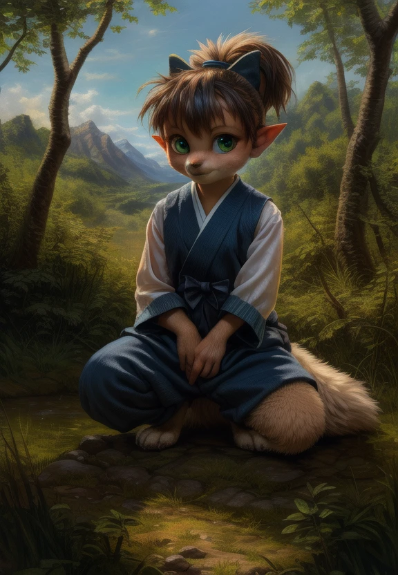 <lora:ShippouDemonFox:1>  [Forest, path, trees, sky clouds, mountains,] ShippouDemonFox, kemono, green bow on the head, green bow eyes, animal legs, tail, (blue pants, blue shirt, yellow vest,), pointed ears, ,
textured fur, solo, looking at viewer, to his full height, (beautiful, aesthetic, perfect, delicate, intricate, masterpiece, )  (all fours, cowgirl position,)
[by kenket|by totesfleisch8], by thebigslick:by silverfox5213:0.8], [by syuro, by paloma-paloma::0.2, (Tricksta, TotesFleisch8)