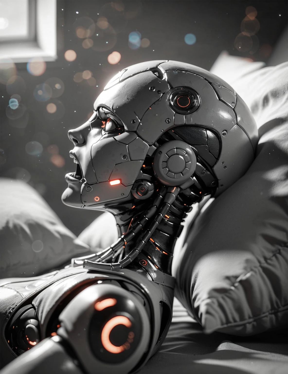 score_9, score_8_up, score_7_up, score_6_up, 1girl, profile portrait, black and white robot, laying in bed, cushion, screaming in agony, mindblowing, cyborg head, cinematic, epic photoshot, bokeh, dreamstyle, surreal <lora:prbt1:1.0>