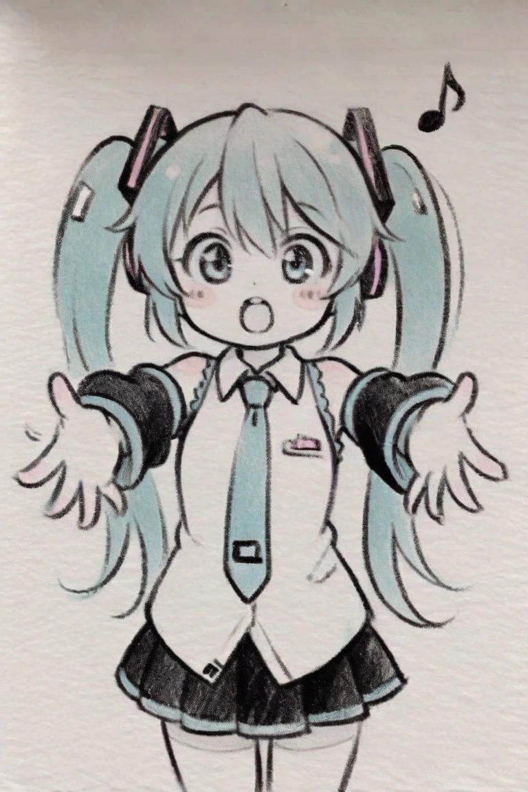 traditional media, monochrome, greyscale,masterpiece, best quality, 1girl, hatsune miku, twintails, necktie, solo, skirt, shirt, aqua hair, black skirt, aqua eyes, detached sleeves, long hair, sleeveless, white shirt, open mouth, white background, aqua necktie, black sleeves, sleeveless shirt, outstretched arms, very long hair, blush stickers, pleated skirt, hair ornament, miniskirt, bare shoulders, musical note