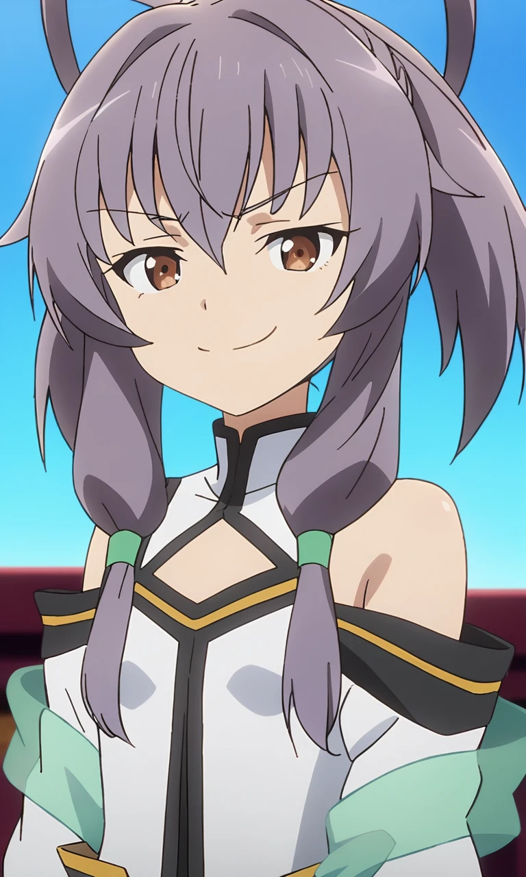 anime artwork illustrating Fan_Xinglou \(Gakusen Toshi Asterisk\), 1girl, brown eyes, short hair, purple hair, smug ,solo, school uniform \(Gakusen Toshi Asterisk\), bare shoulder, green shawl, petite, small breasts,best quality, 8k, masterpiece, animestyle. created by japanese anime studio. highly emotional. best quality, high resolution