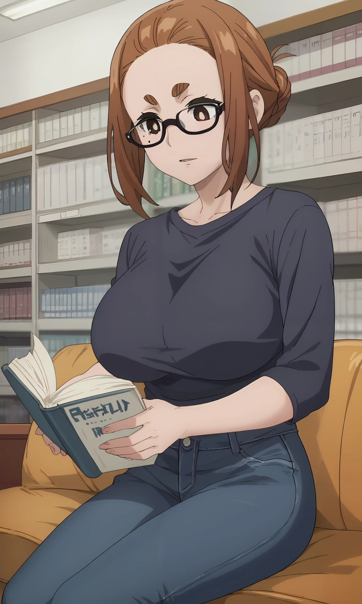 score_9, score_8_up, score_7_up, solo, source_anime, <lora:Fine_Anime_Screencap-PonyV2:1> fine anime screencap_xl, anime anime screencap, <lora:Sumireko_Ogawa:1> sumireko_wz, brown hair, brown eyes, mole under eye, thick eyebrows, sidelocks, hair bun, single hair bun,short hair, large breasts, black shirt, jeans, sitting, library, reading, book, glasses, lamp,indoors