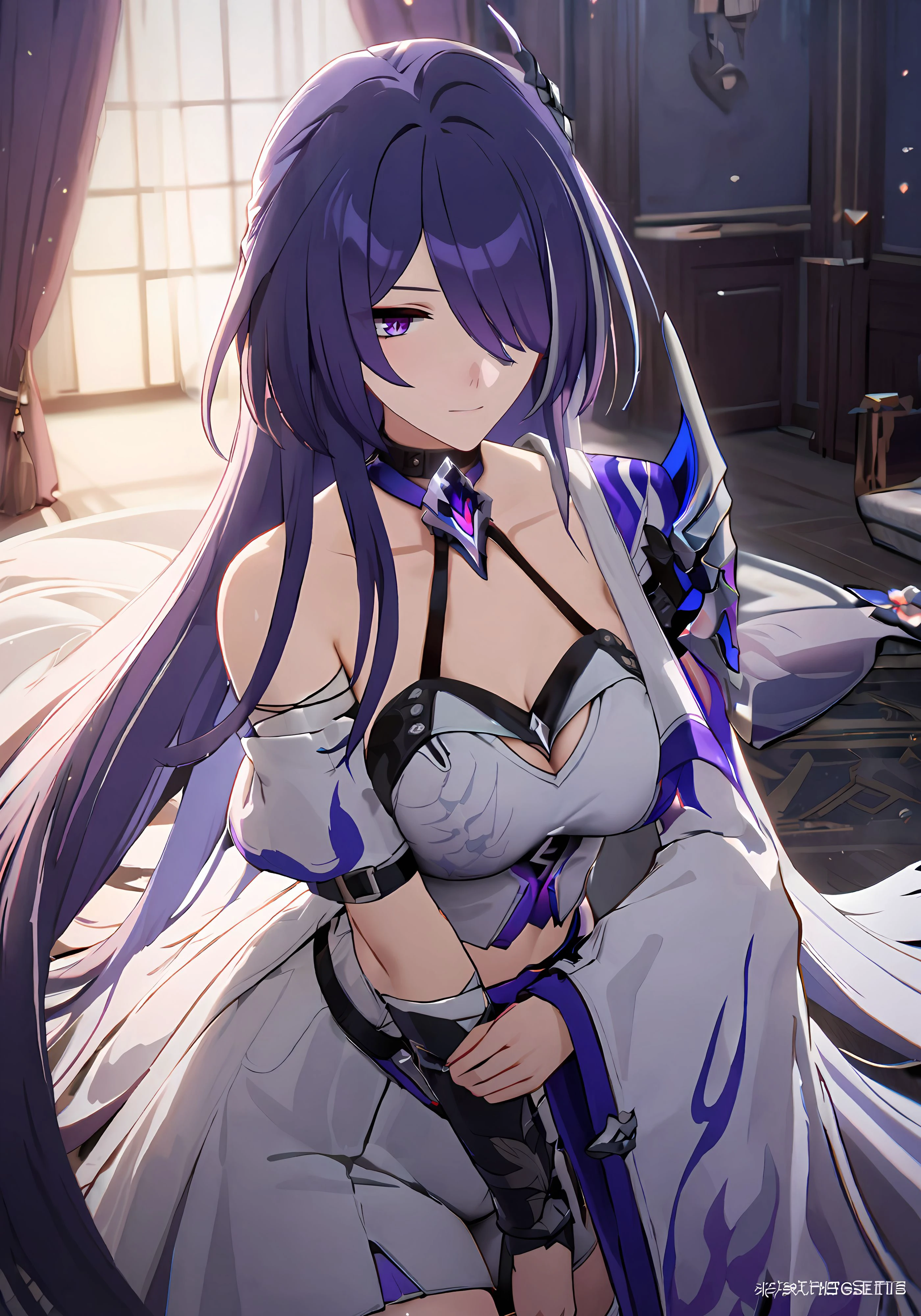 ((masterpiece)),((best quality)),highres,extremely detailed CG,perfect lighting,8k wallpaper,
1girl,acheron \(honkai: star rail\),purple hair,very long hair,purple eyes,white wedding dress,white veil,
<lora:Achreon_SDXL_V1-000014:1>,
<lora:add_detail:0.8>,