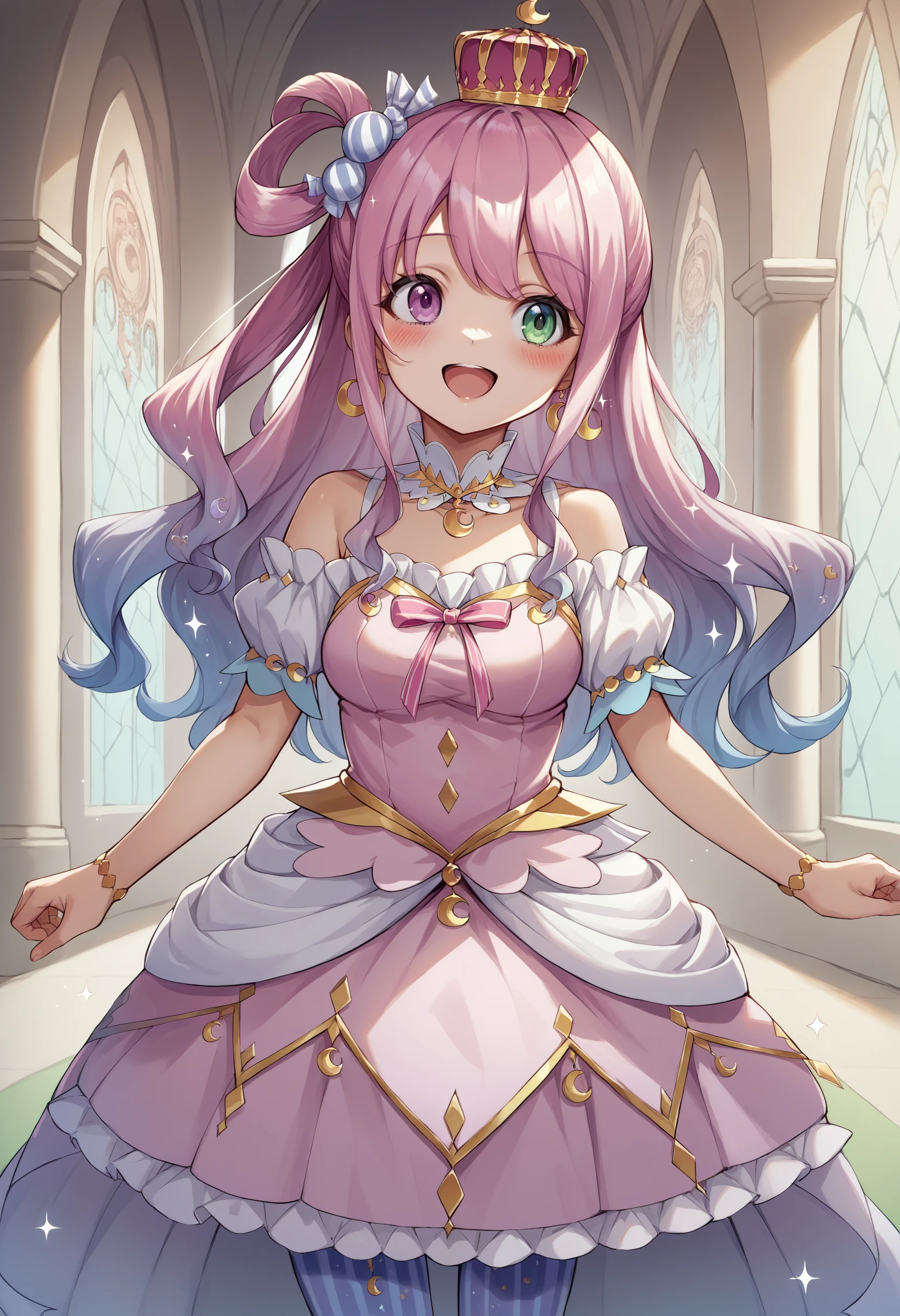 score_9, score_8_up, source_anime, LunaBase, heterochromia, long hair, single hair ring, candy hair ornament, crown, earrings, detached collar, pink dress, bare shoulders, short sleeves, bracelet, striped thighhighs, indoors, palace, sparkles, smile, open mouth, blush, <lora:ChamHimemoriLunaPonyXL:0.9>