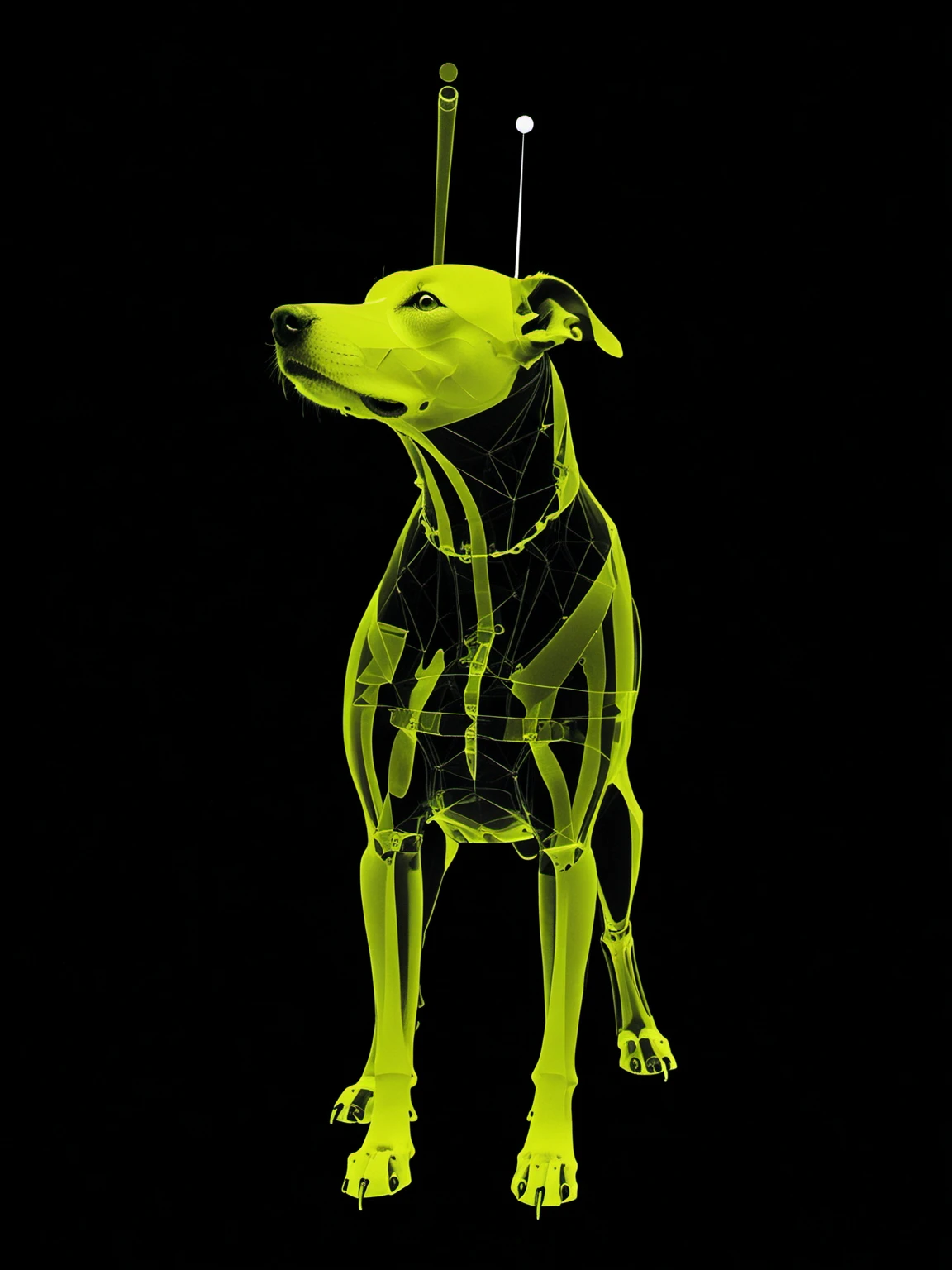 b&w, dog, Macabre,Golden-ratio geometry,inspired by John Covert,Suzanne Duchamp,Jean Tinguely, x-ray,deconstructed,abstract, Cadmium-Barium-Green-Light,Cadmium-Barium-Red-Dark,Cadmium-Barium-Yellow-Pale,Gold,Permanent-Red-Violet, <lora:DeconDada2:1>