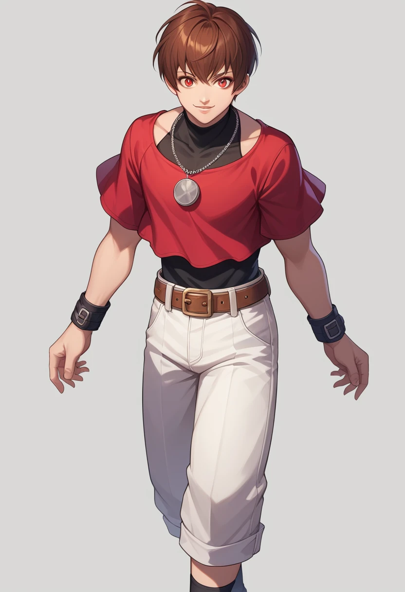 score_9, score_8_up, score_7_up, masterpiece, best quality, amazing quality, best aesthetic, ,absurdres,cute,chris_orochi, brown hair, red eyes, black shirt, sleeveless turtleneck, red crop top, white pants, red boots, wristband, necklace, belt, black socks, solo, ((source_anime))<lora:EMS-370857-EMS:1.000000>