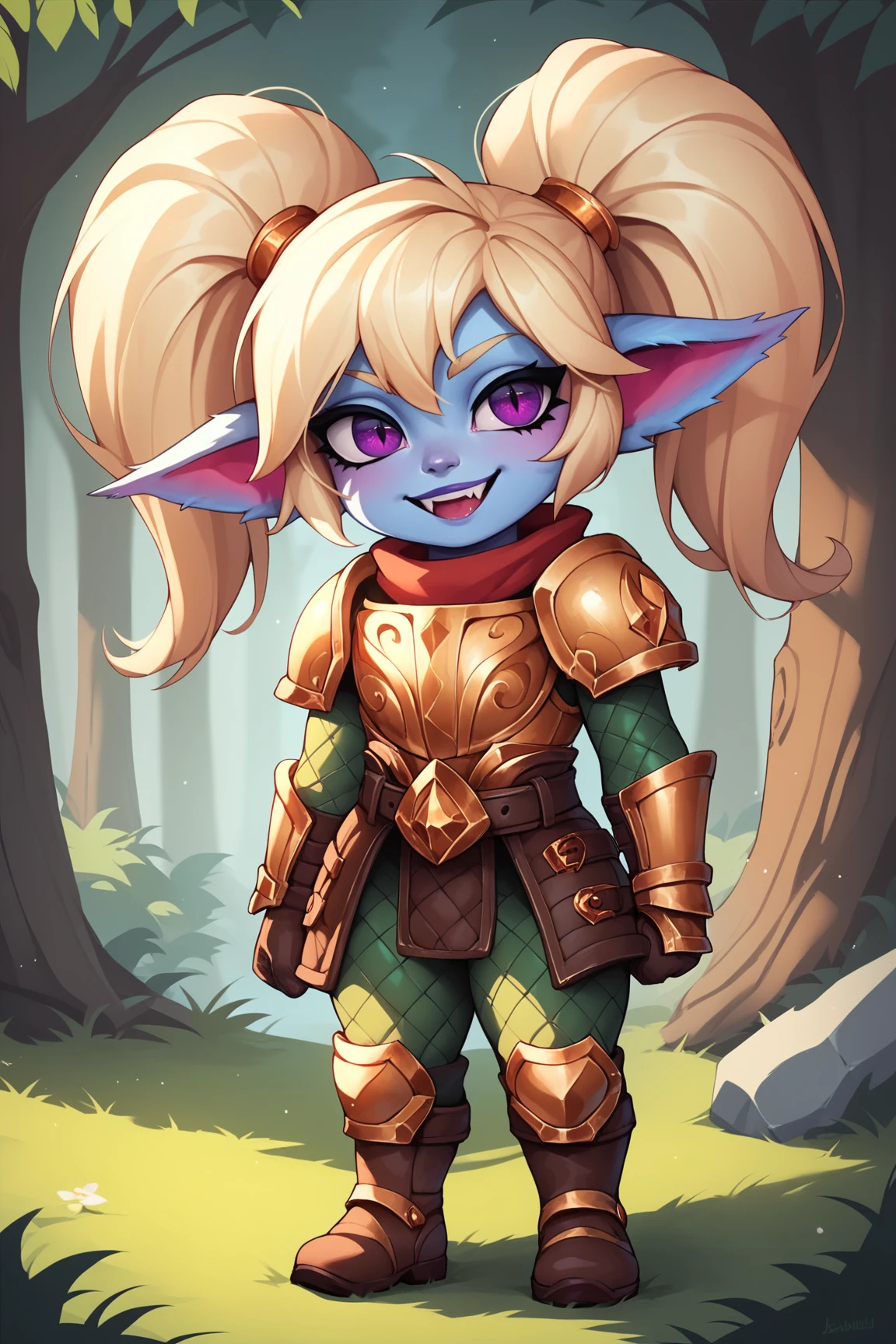 score_9, score_8_up, score_7_up, score_6_up, score_5_up, score_4_up, PoppyLoLXL, yordle, shortstack, purple eyes, blonde hair, twintails, blue skin, colored skin, golden armor,green snakeskin shirt, green snakeskin pants, brown boots, standing, looking at viewer, seductive smile, forest, tree  <lora:PoppyLoLXL:0.7>