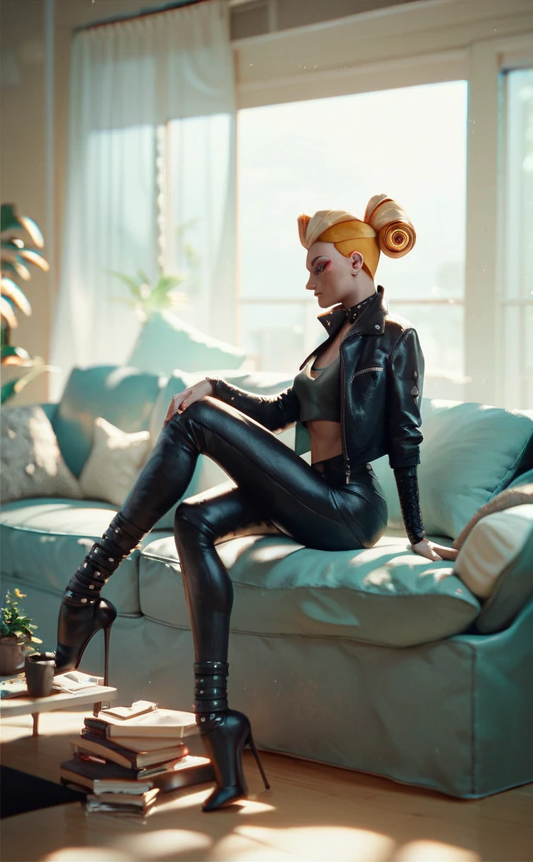 score_9, score_8_up, score_7_up, score_6_up, 1girl, sexy pose, long legged female profile, black stilettos, short leather jacket, living room, cinematic, talented, light rays, scattered dust, fractal glowing smoke <lora:xslxartv3:.6>