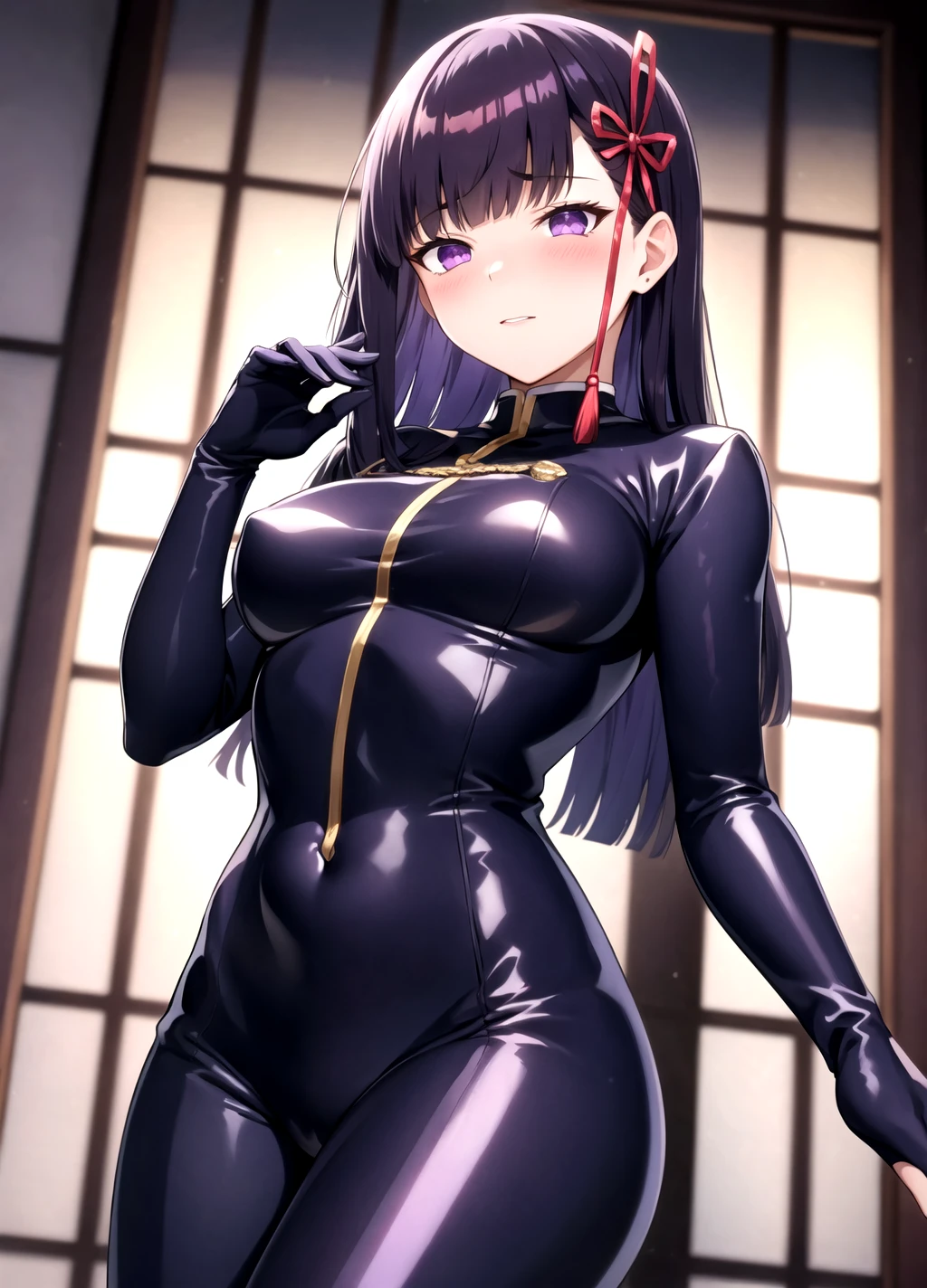 Ren43Yamashiro, purple hair, purple eyes, 1girl, breasts, solo, long hair, looking at viewer, bangs, black hair, medium breasts, blunt bangs, blush, hair ornament, ribbon, hair ribbon, tassel, <lora:Ren Yamashiro anylora30r42r-000006:0.5>,   latex suit, blue latex suit, monotone latex suit