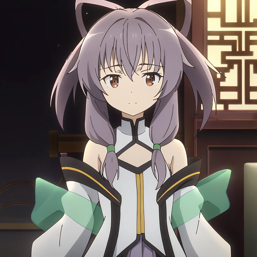anime artwork illustrating Fan_Xinglou \(Gakusen Toshi Asterisk\), 1girl, brown eyes, short hair, purple hair, solo, school uniform \(Gakusen Toshi Asterisk\), bare shoulder, green shawl, petite, small breasts,best quality, 8k, masterpiece, animestye. created by japanese anime studio. highly emotional. best quality, high resolution