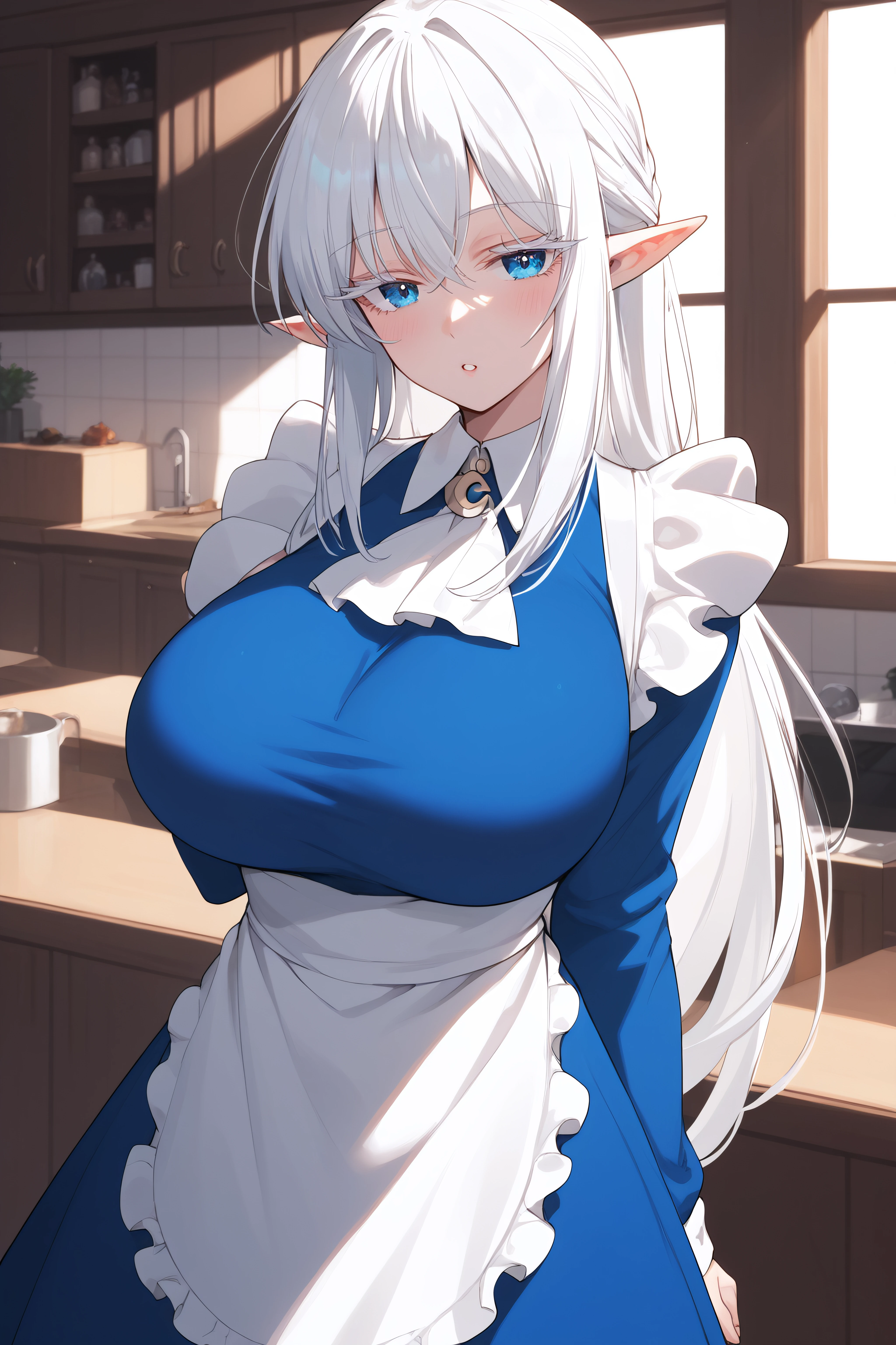 score_9, score_8_up, score_7_up, BREAK source_anime, <lora:Schnee Raizar-PonyXL-lora-Faxtron:1> schnee raizar, blue eyes, white eyelashes, white hair, long hair, large breasts, pointy ears, long blue dress, white apron, long sleeves,