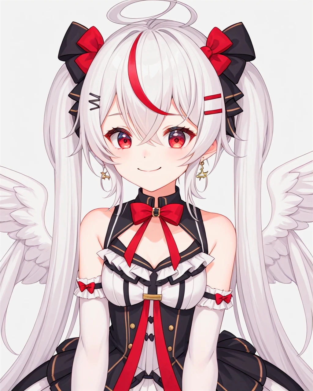 <lora:REMI-XL-t2-000001:0.5>, remi, ahoge, angel wings, bow, cross, cross earrings, fangs, hair bow, hair ornament, hairclip, jewelry, long hair, low wings, mini wings, multicolored hair, pointy ears, solo, twintails, virtual youtuber, white feathered wings, flat chested, thighhighs, wide red eyes,
close up, smiling, closed mouth,
(basic background)