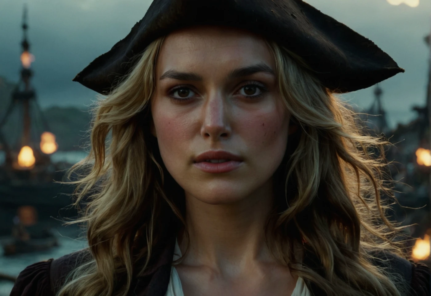 high resolution photo close-up of kkn woman,long blonde loose wave hair,in a pirate city,gloomy,dimly lit,bokeh,depth of field,she is looking at camera