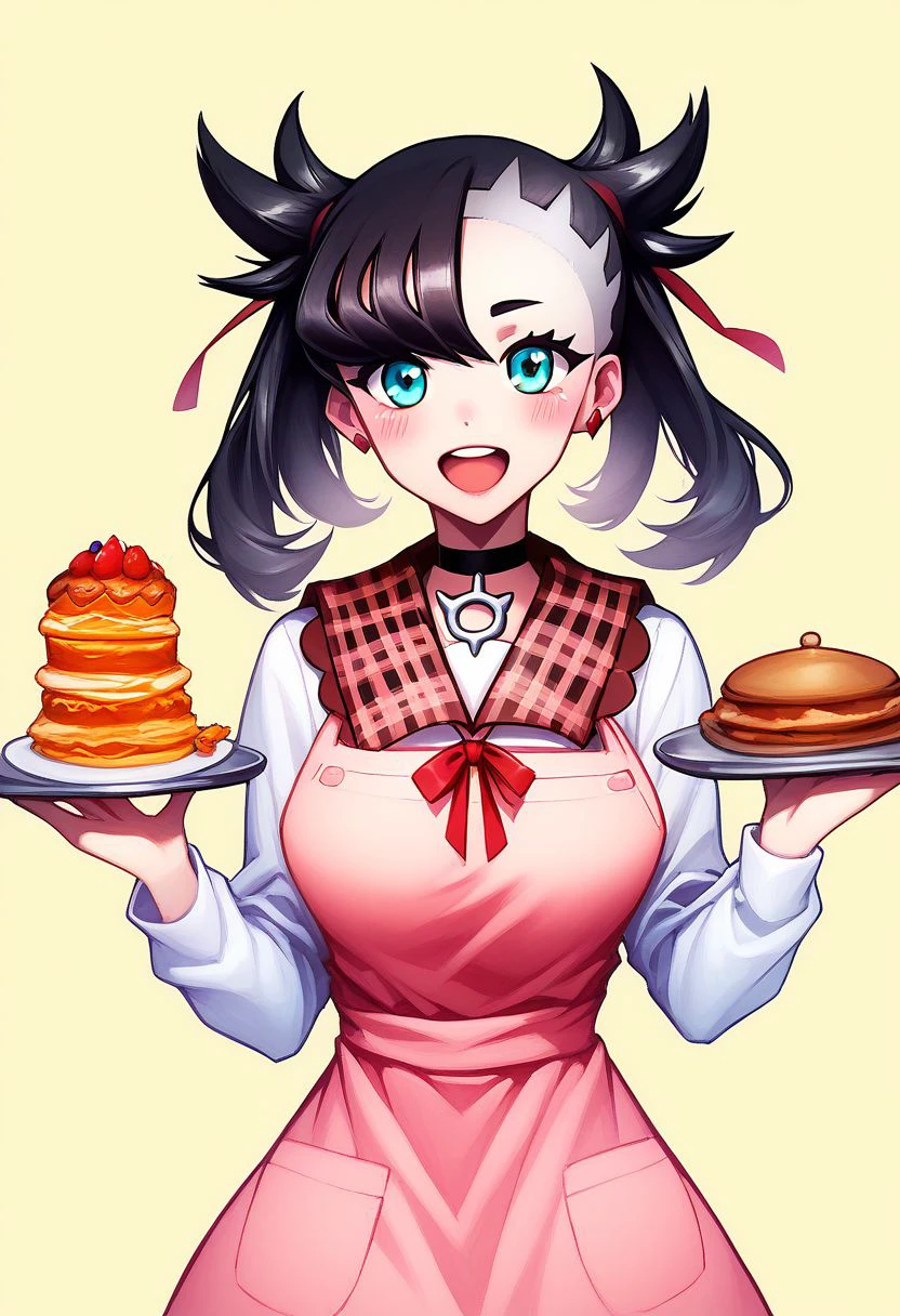 score_9, score_8_up, score_8, big breasts, cute, eyelashes,  curvy, 
zzMarnie, aqua eyes, black choker, red ribbon, black hair, :d, apron, blouse, blush, holding, holding plate, open mouth, pink apron, plaid, plaid sailor collar, plate, sailor collar, shirt, smile, solo, upper body, white shirt