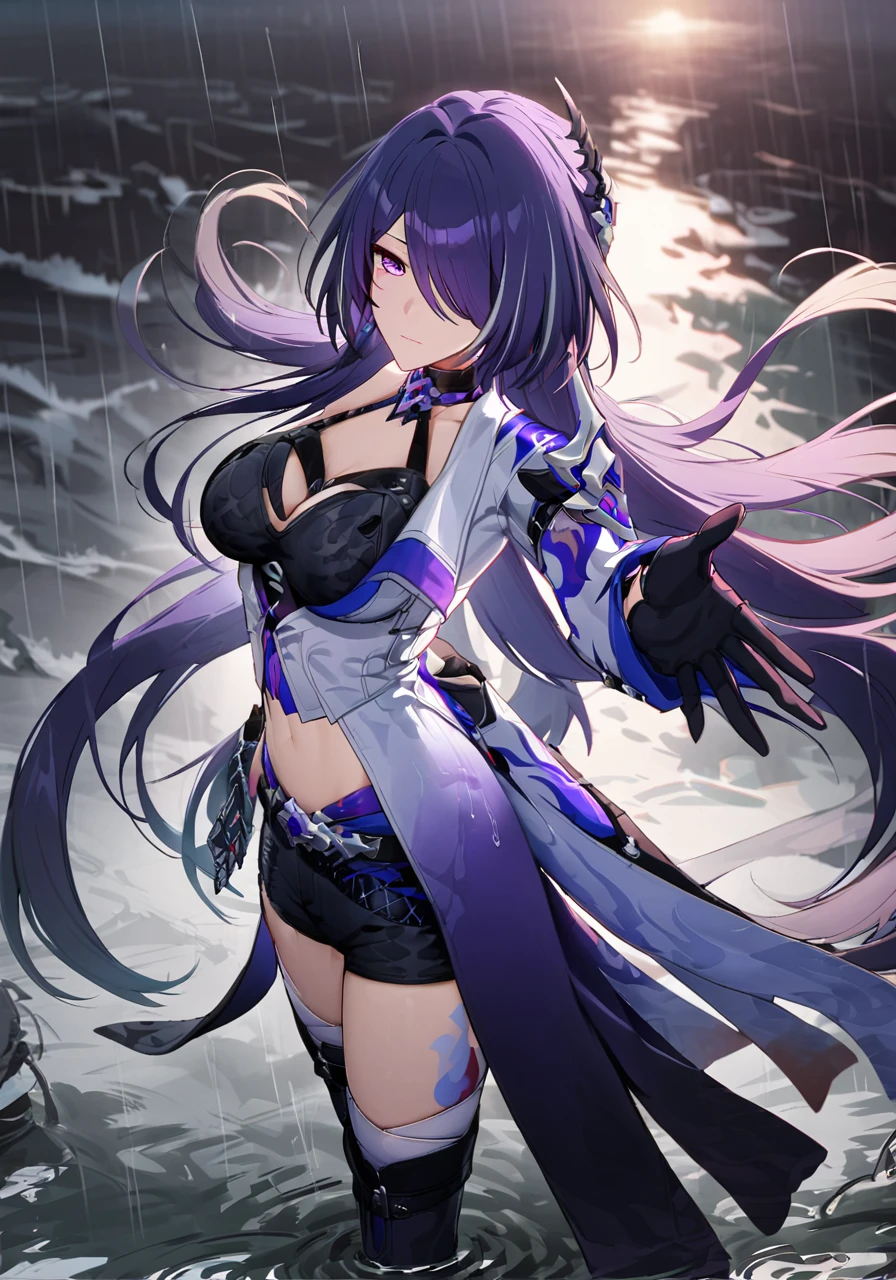 ((masterpiece)),((best quality)),highres,extremely detailed CG,perfect lighting,8k wallpaper,
1girl,acheron \(honkai: star rail\),purple hair,very long hair,purple eyes,reaching towards viewer,black sea water,rain,water,gloves,
<lora:Achreon_SDXL_V1-000014:1>,