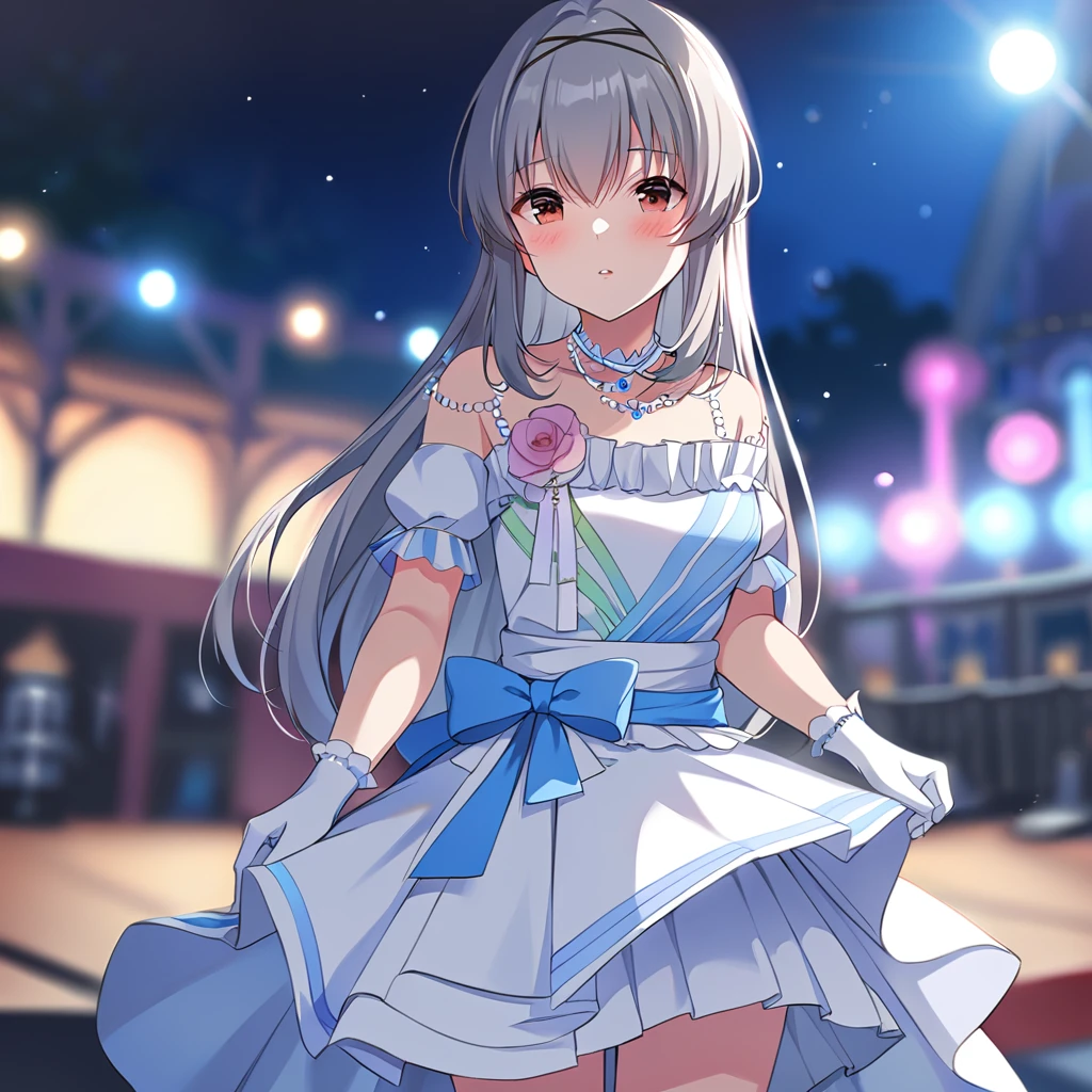 [high quality, best quality],[cinematic],1girl,tendorui,ti dress,1girl,ti gloves,on stage,depth of field,bokeh,bloom,hdr,blush,cinematic_angle,outdoor,<lora:tendoruiv2:0.75>,hair_grab,