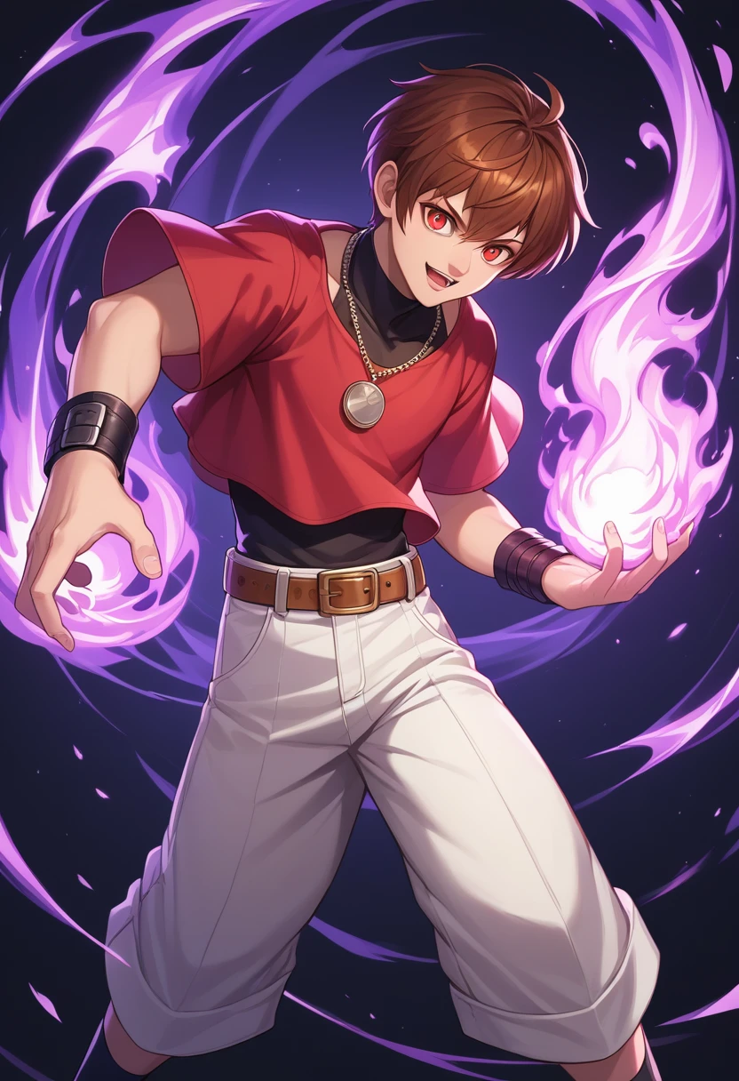 score_9, score_8_up, score_7_up, masterpiece, best quality, amazing quality, best aesthetic, ,absurdres,cute,chris_orochi, brown hair, red eyes, black shirt, sleeveless turtleneck, red crop top, white pants, red boots, wristband, necklace, belt, black socks, solo, purple flames ((source_anime))<lora:EMS-370857-EMS:1.000000>