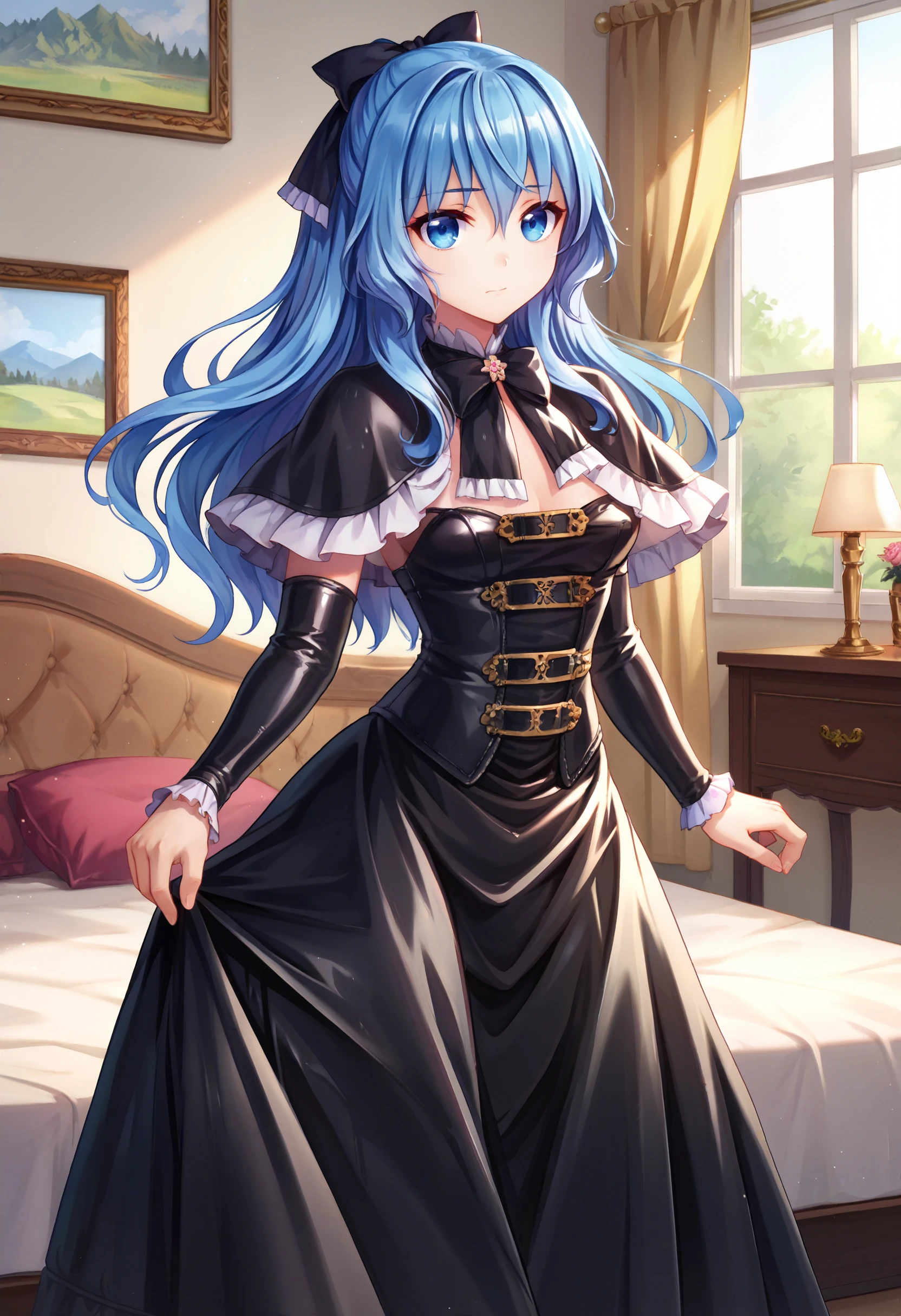 zPDXL, 1girl, solo, cowboy shot, BREAK
liselotte, blue hair, blue eyes, hair bow, capelet, corset, long skirt, bowtie,
closed mouth, 
indoors, bedroom,
 <lora:BlackLatexSlider_000000950:5> <lora:liselotte-ot6-1320:0.8>