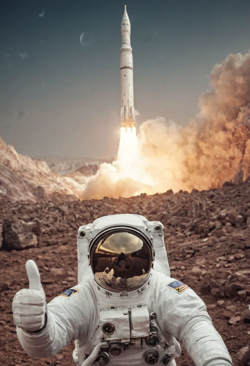 collision style, impact, Closeup, thumb-up, an astronaut on an alien planet looking into the camera, in the background a mighty rocket rises into orbit. thumb up pose,
very detailed, hd, RAW photograph, masterpiece, top quality, best quality, official art,highest detailed, atmospheric lighting, cinematic composition, complex multiple subjects, 4k HDR, vibrant, highly detailed, Leica Q2 with Summilux 35mm f/1.2 ASPH, Ultra High Resolution, wallpaper, 8K, Rich texture details, hyper detailed, detailed eyes, detailed background, dramatic angle, epic composition, high quality , (8k, RAW photo, highest quality), hyperrealistic,