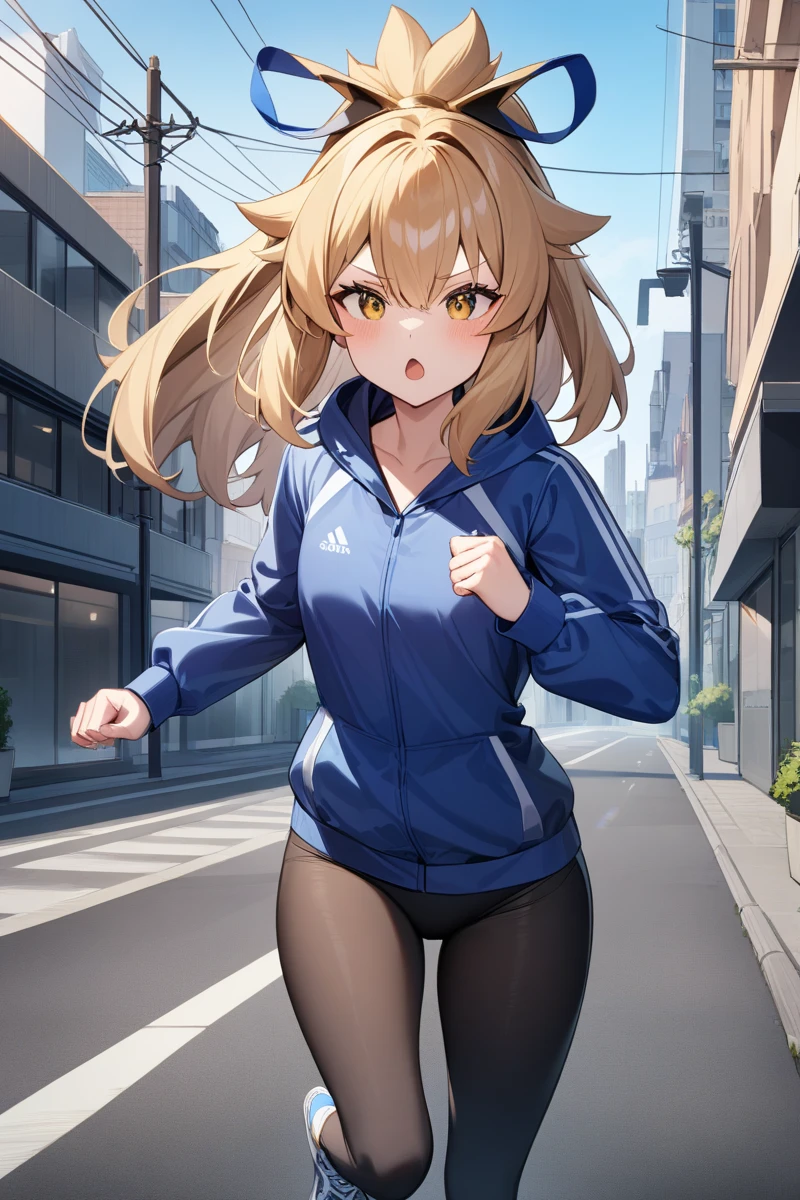 1girl,solo,sofina,<lora:sofina:0.8>,no_gloves,cowboy_shot,sportswear,street,cityscape,lamppost,power_lines,running,hair ornament,, masterpiece, best quality, very aesthetic, absurdres