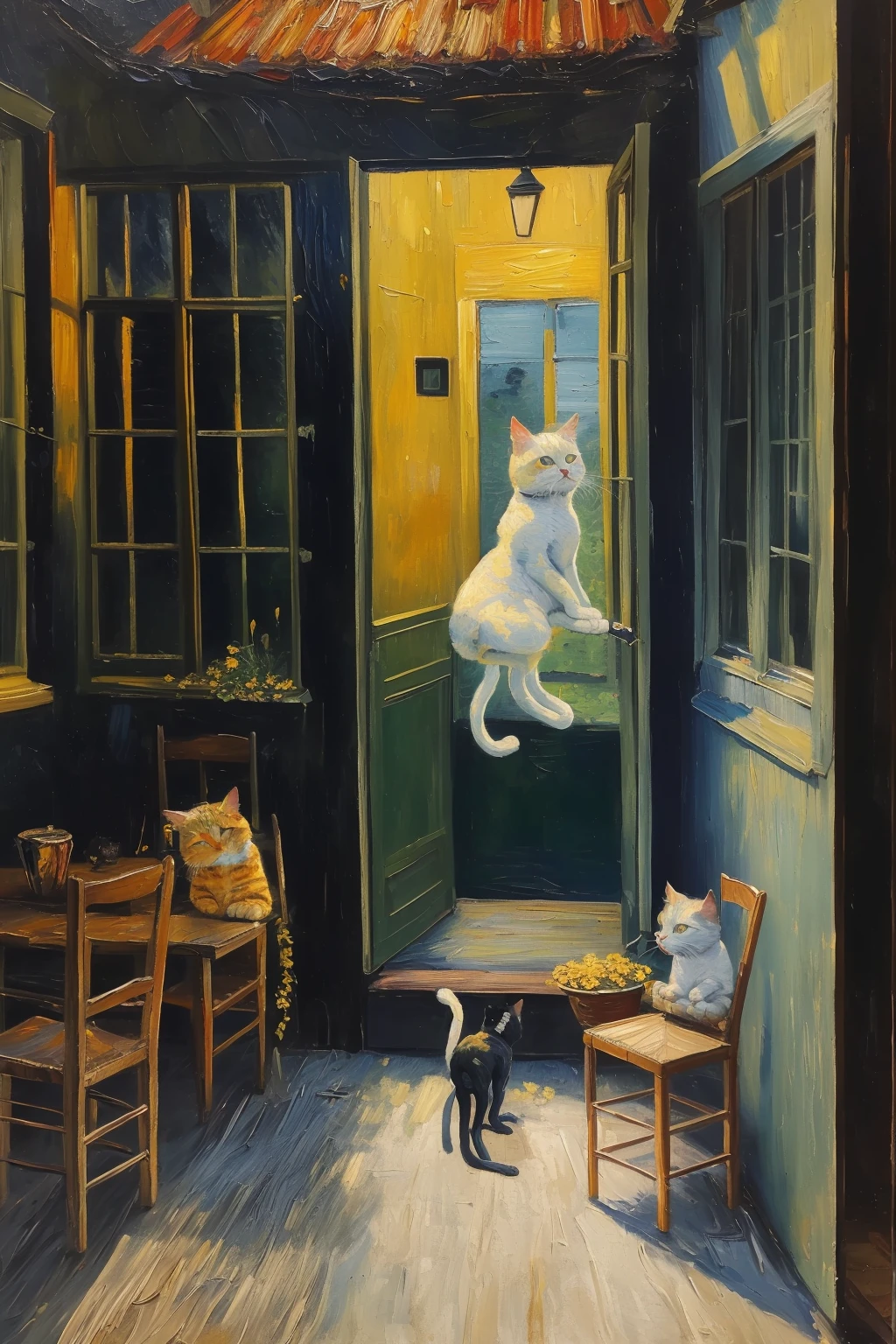 masterpiece,best quality,cat in outdoor,oil painting,<lora:tbh123-:0.8>,style of Vincent van Gogh,