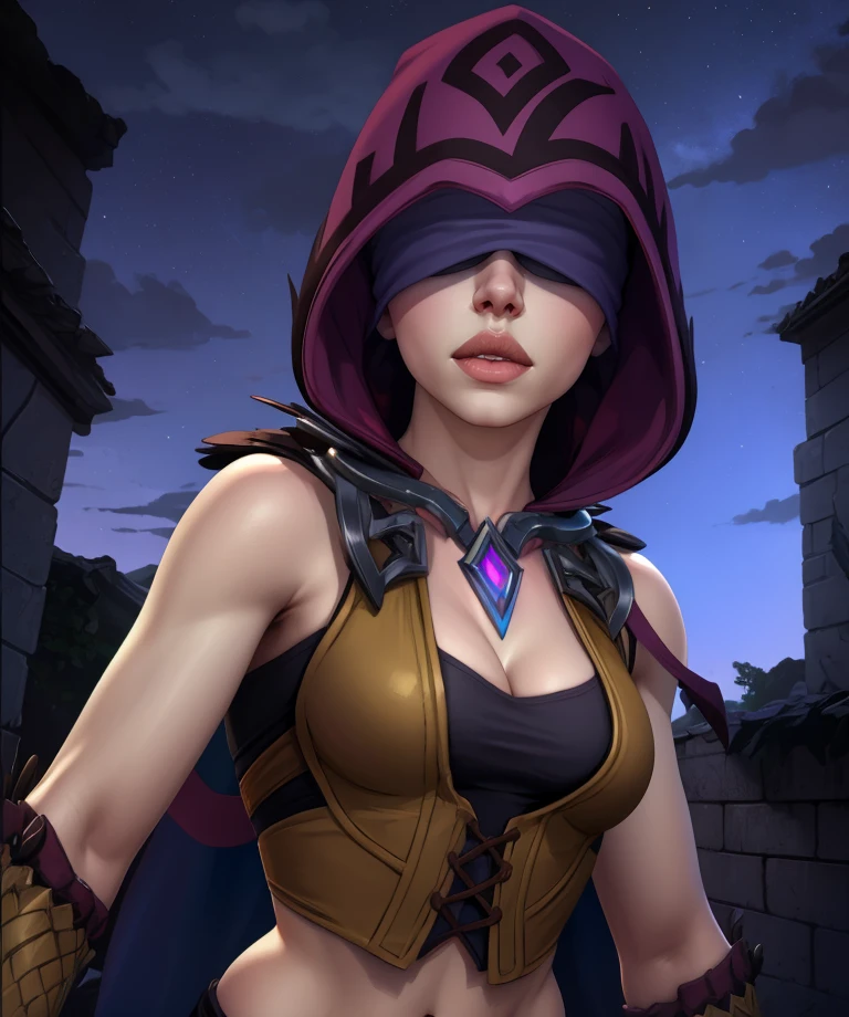 Seris,lips,
blindfold,hood,jewelry,midriff,cleavage,small brown vest,black shirt,cleavage,
underworld,purple aura,night,
standing,upper body, 
(insanely detailed, beautiful detailed face, masterpiece, best quality),<lora:SerisPLD:0.9>,