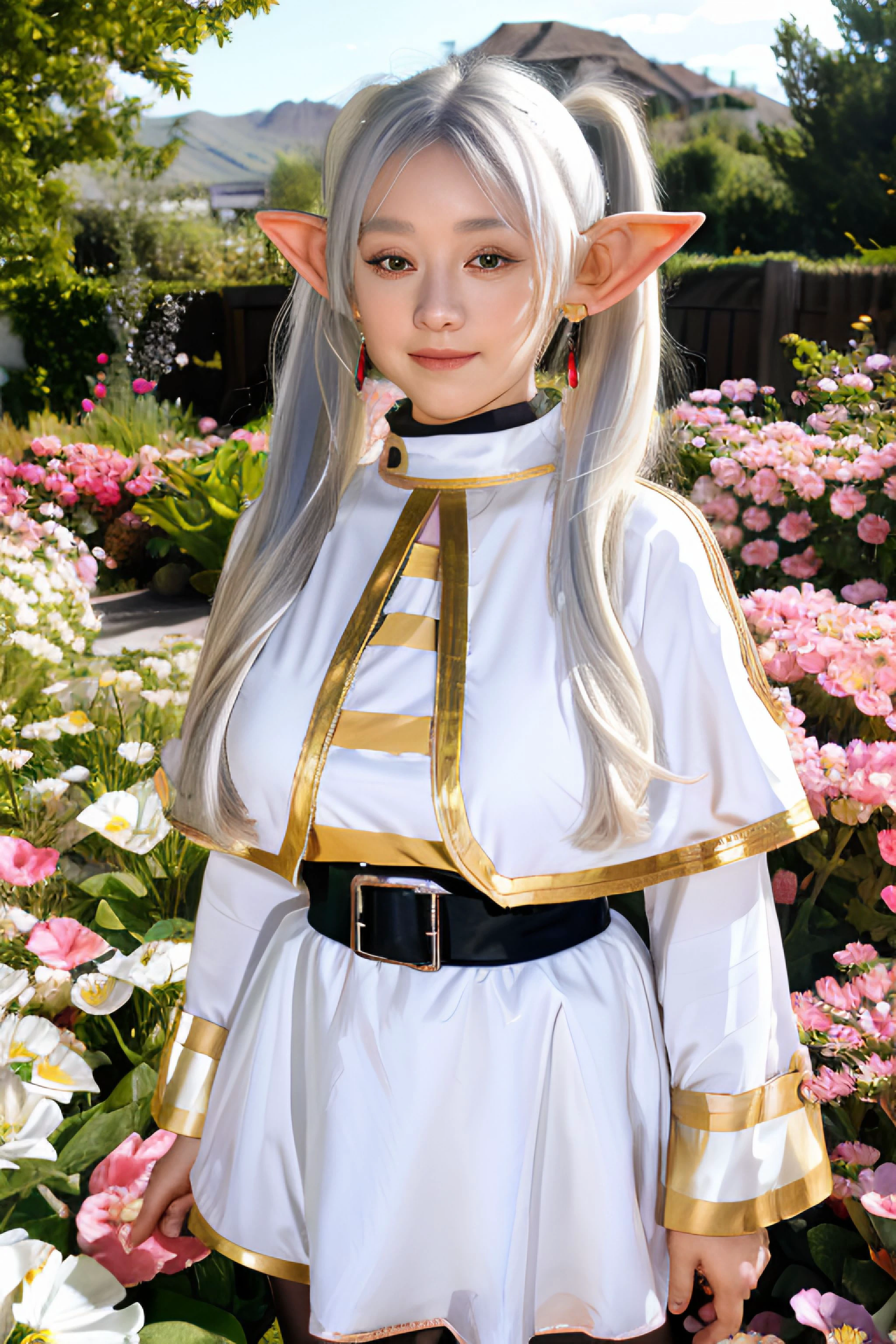 1girl,looking at viewer,happy,taking a flower,(gigantic breasts:1.35),cute appearance,long twintails,white hair,elf ears,green eyes,long sleeves,white capelet,striped shirt,dress,pantyhose,earrings,flowers,garden,town,village,<lora:Frieren:0.95>