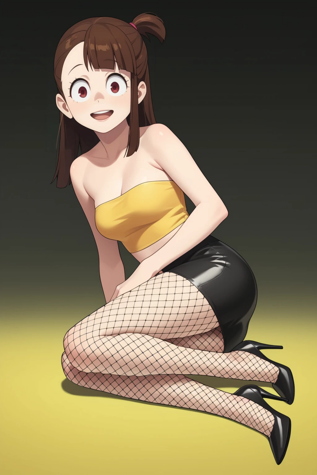 score_9, score_8_up, score_7_up, score_6_up, score_5_up, score_4_up, BREAK, <lora:Kagari-000005:.9>, 1girl, Kagari, brown hair, crimson eyes, yellow tube top, strapless, black skirt, black high heels, fishnet leggings