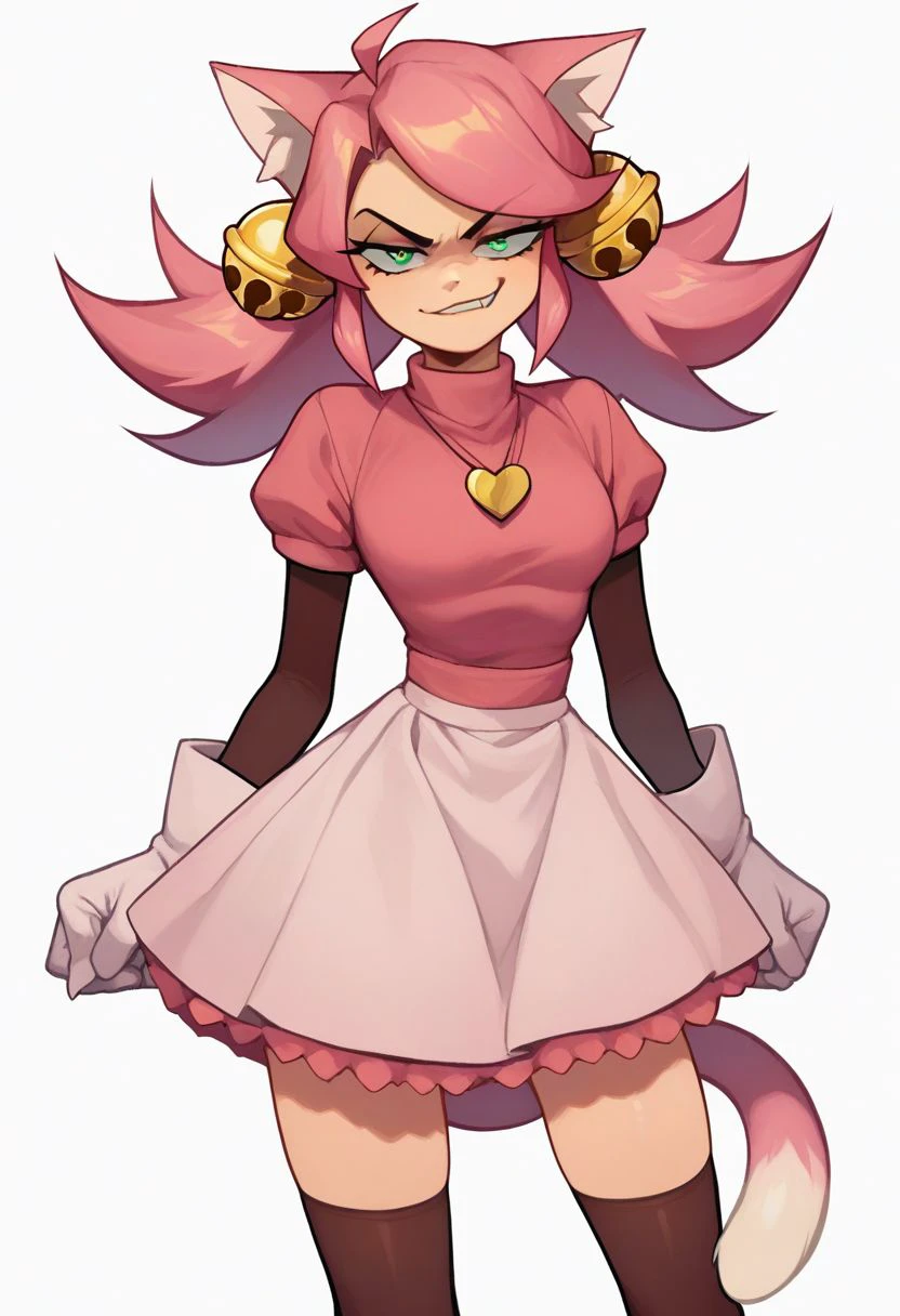 score_9, score_8_up, score_7_up, source_anime, solo, 1girl, woman, Mew Mew, catgirl, pink hair, green eyes, half-closed eyes, cat ears, bells, pink shirt, heart locket, skirt, gloves, thigh highs, evil smirk, glare, smug, half body, standing, arms at sides, looking at viewer, standing, white background