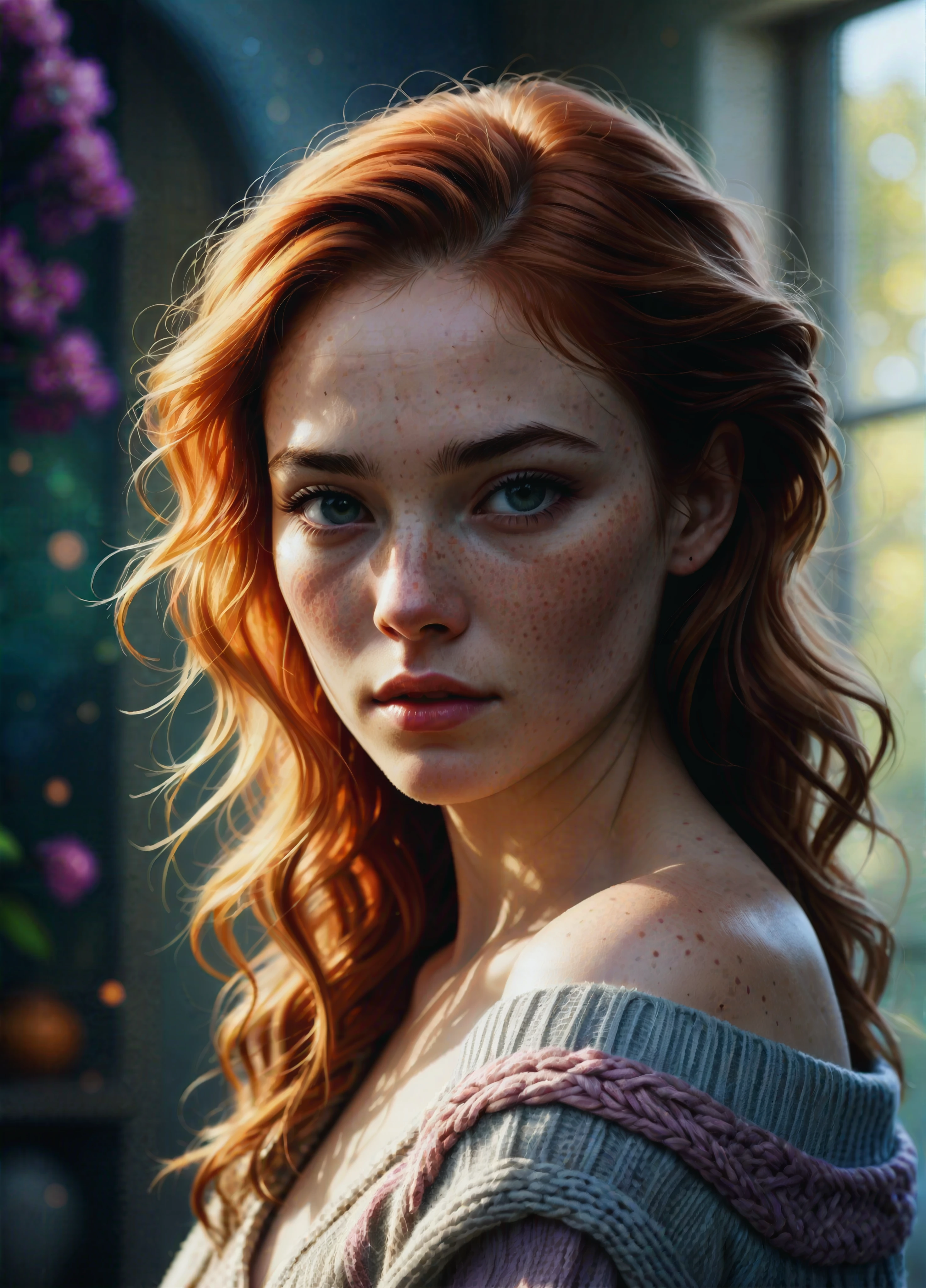 A captivating portrait of a young woman with freckles, wearing a flowing off-the-shoulder sweater in soft pastel hues. The background fades into a gentle backlight. Her expression hints at a mysterious allure, reminiscent of a goddess. In the style of Minjae Lee, Carne Griffiths, Emily Kell, Steve McCurry, Geoffroy Thoorens, Aaron Horkey, Jordan Grimmer, Greg Rutkowski. Surreal geometric patterns subtly appear in the background. Dreamy bokeh effect. Artistic photorealism, smooth, intricate details, perfectly balanced composition.
<lora:add-detail-xl:1>
<lora:DetailedEyes_V3:1>