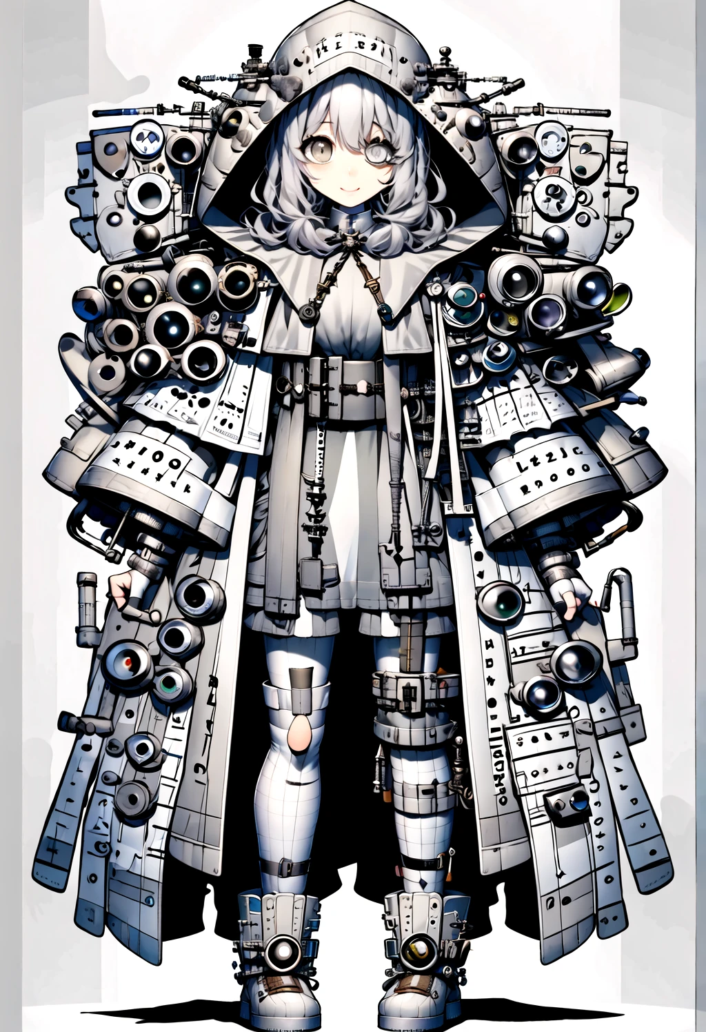 <lora:shiryokukensa_v1:1.25>, shiryokukensa, 1girl, solo, (light grey eyes:1.5), (light grey skin:1.5), fingerless gloves, gloves, white background, looking at viewer, closed mouth, full body, white gloves, hood, smile, shadow, (simple background:1.5), shoes, bangs, hood up, pouch, (light grey hair:1.5), belt, eyepatch