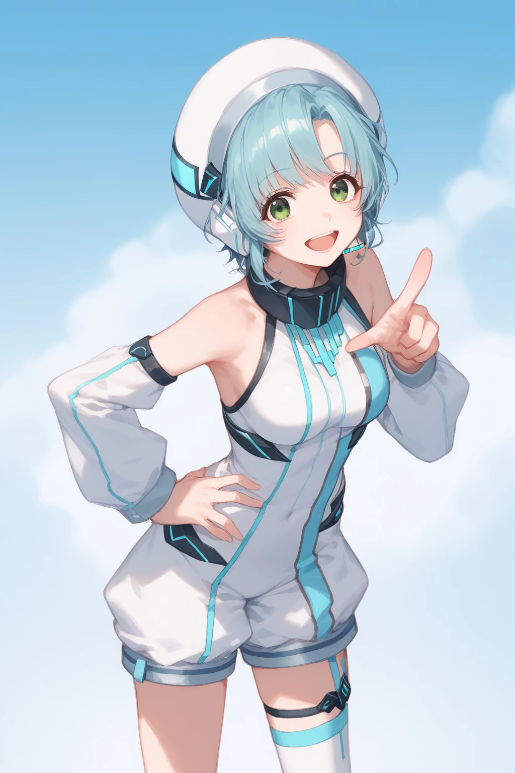 score_9,score_8_up,score_7_up,score_6_up,score_5_up,score_4_up,<lora:towa-000007:0.8>,Photon Maiden,1girl,solo,green eyes,detached sleeves,pointing,open mouth,smile,hat,short hair,breasts,hand on hip,looking at viewer,standing,medium breasts,:d,blue hair,headset,bodysuit,single thighhigh,white thighhighs,