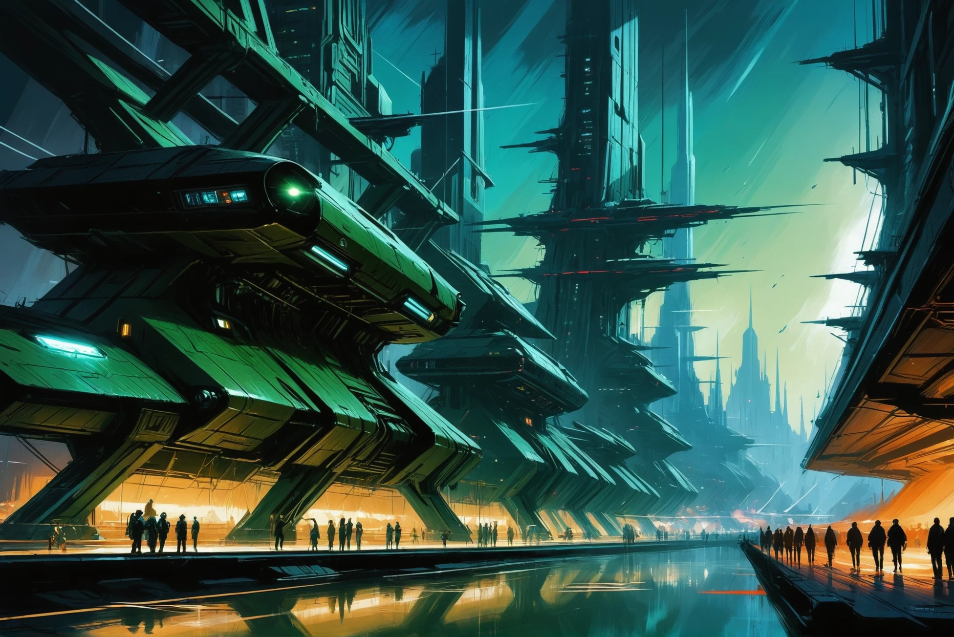 digital painting, scifi city, a great glowing dark color:mediumseagreen scifi vertical megastructure at the beginning of time, masterpiece, by Eddie Mendoza<lora:EnvyStarlightScifiAesthetic05:1>