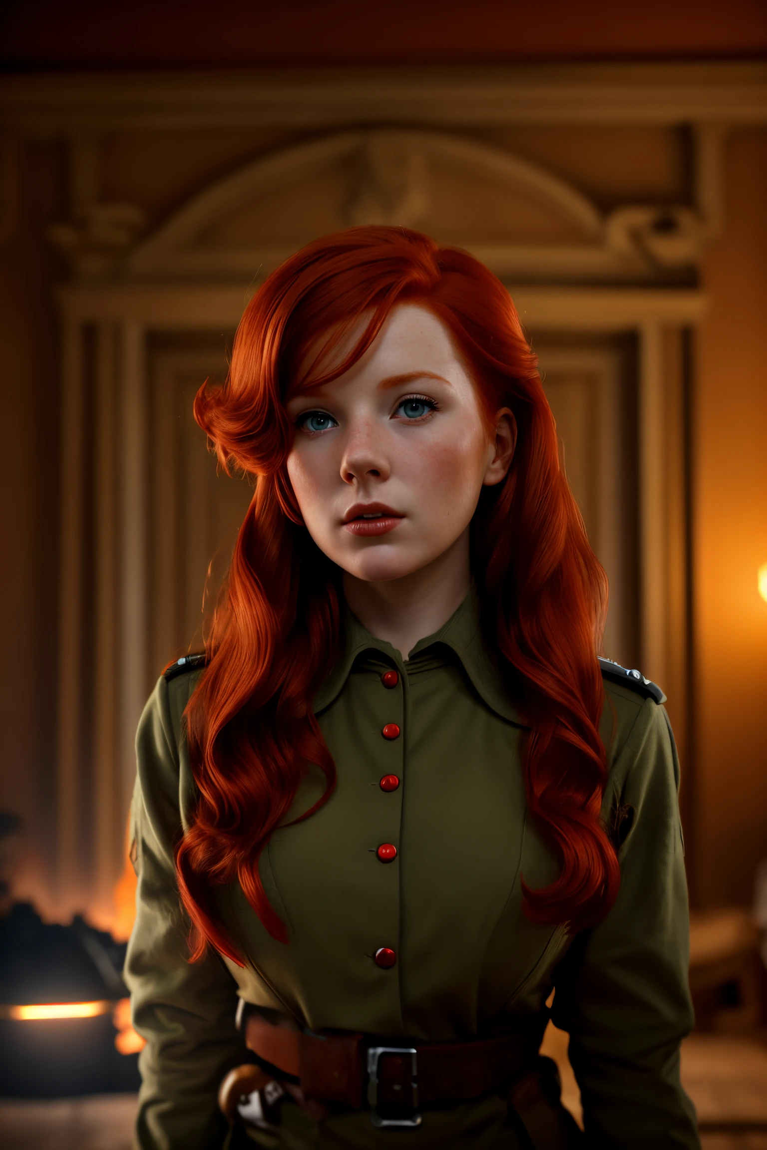 Wide angle photorealistic shot, (Enchanting redhead in wartime drama:1.3), Detailed conflict chaos, Real-Time Ray Tracing lighting, Volumetric shadows, Exceptional photorealism, (Intense war ambiance:1.2), Raw photography quality, Highly detailed protagonist, Emotional depth, Raw imagery at the highest quality