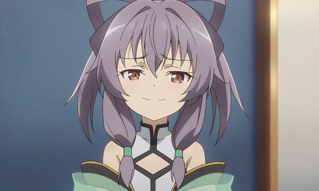 anime artwork illustrating Fan_Xinglou \(Gakusen Toshi Asterisk\), 1girl, brown eyes, short hair, purple hair, smug ,solo, school uniform \(Gakusen Toshi Asterisk\), bare shoulder, green shawl, petite, small breasts,best quality, 8k, masterpiece, animestye. created by japanese anime studio. highly emotional. best quality, high resolution